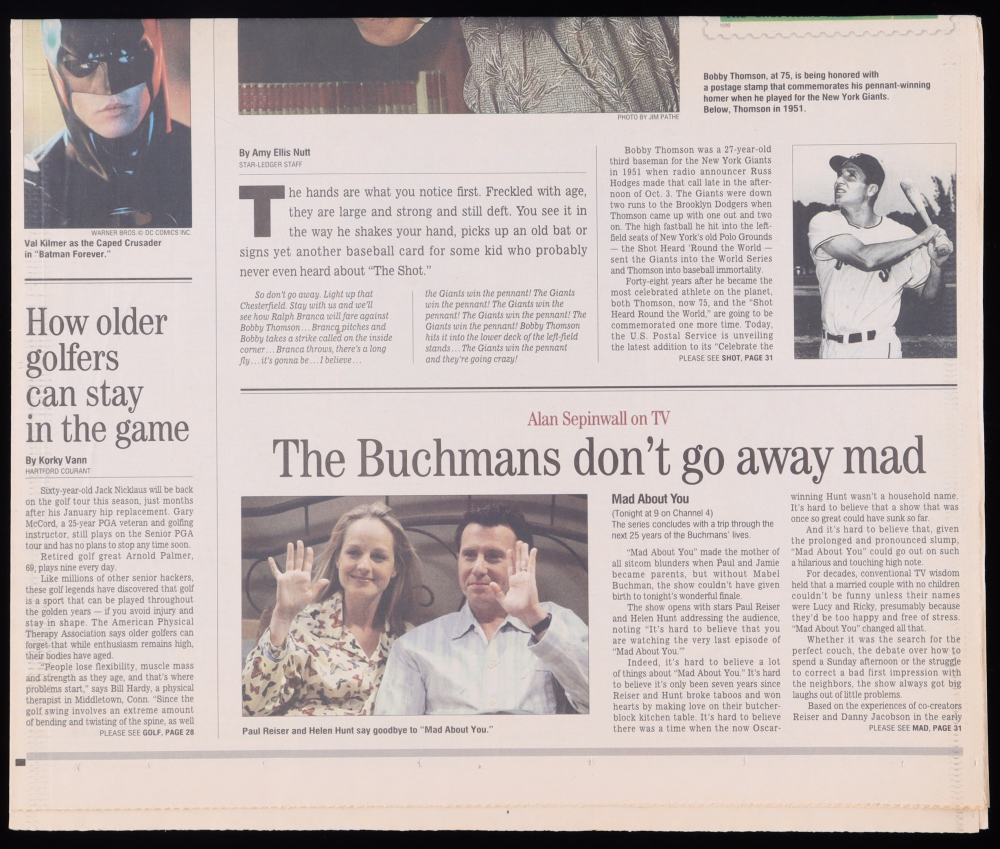 Bobby Thomson Signed 1999 The Star Ledger Newspaper (Sports Integrity