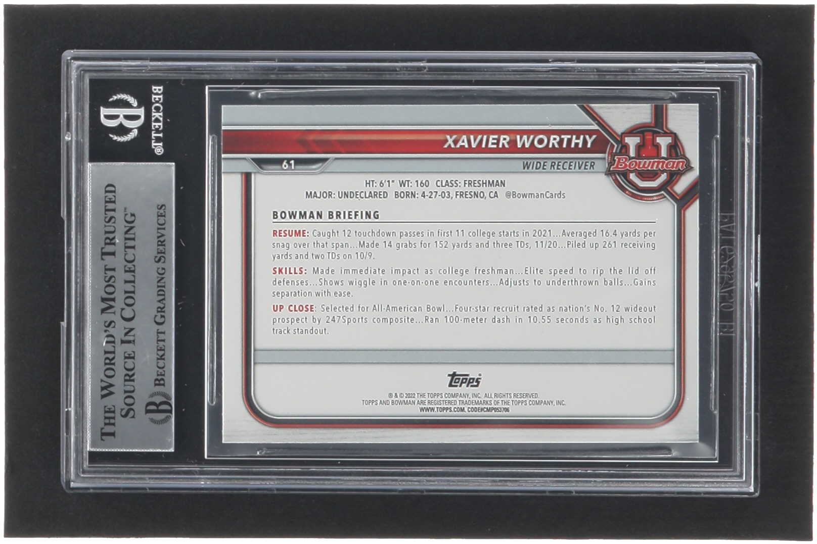 Xavier Worthy Signed 2022 Bowman University #61 RC (BGS) at PristineAuction.com Xavier Worthy Signed 2022 Bowman University #61 RC (BGS) at PristineAuction.com