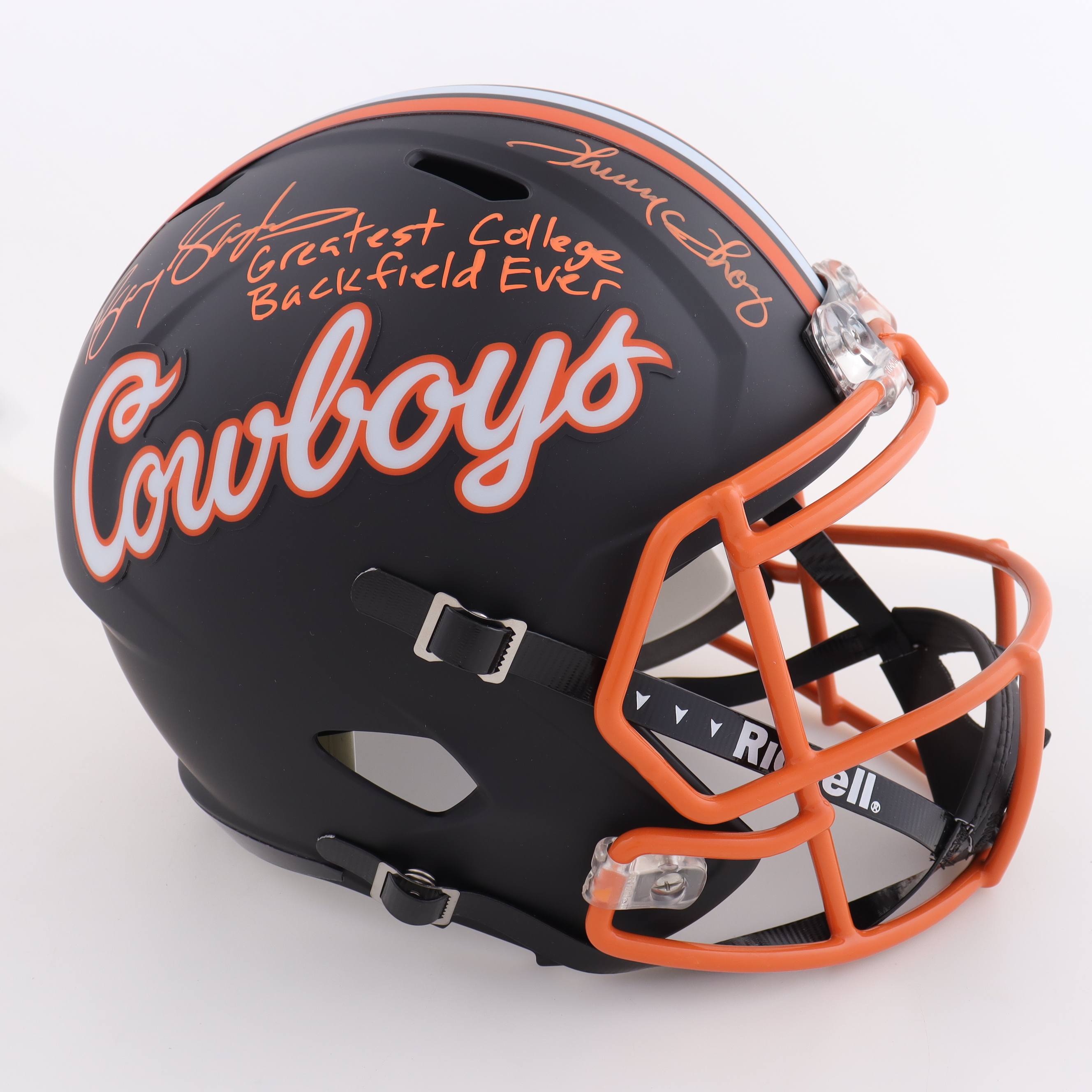 Barry Sanders & Thurman Thomas Signed Oklahoma State Cowboys Full Size Matte Black Speed Helmet Inscribed "Greatest College Backfield Ever" (Schwartz) at PristineAuction.com Barry Sanders & Thurman Thomas Signed Oklahoma State Cowboys Full Size Matte Black Speed Helmet Inscribed "Greatest College Backfield Ever" (Schwartz) at PristineAuction.com