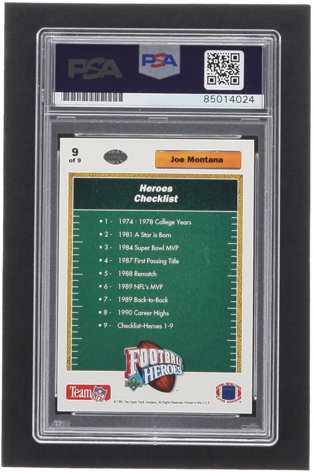 Joe Montana Signed 1991 Upper Deck Joe Montana Heroes #9 CL (PSA | Auto 10) at PristineAuction.com Joe Montana Signed 1991 Upper Deck Joe Montana Heroes #9 CL (PSA | Auto 10) at PristineAuction.com