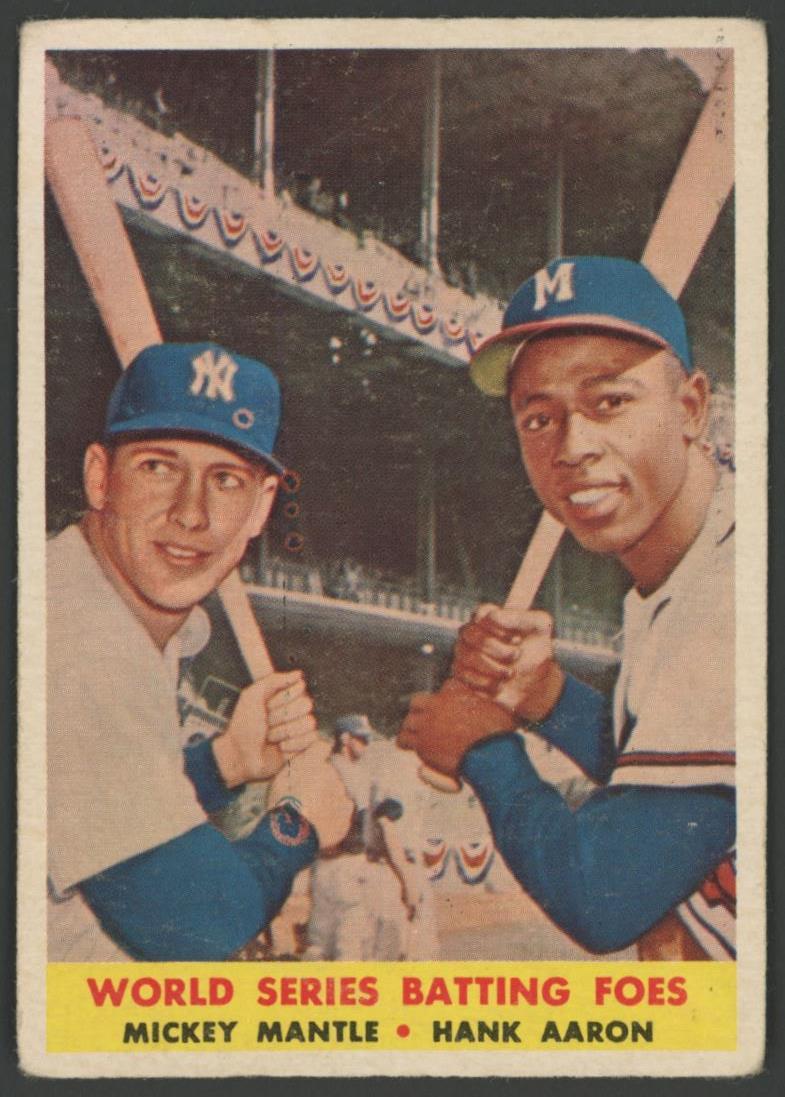 Mickey Mantle / Hank Aaron 1958 Topps #418 World Series Batting Foes at PristineAuction.com Mickey Mantle / Hank Aaron 1958 Topps #418 World Series Batting Foes at PristineAuction.com