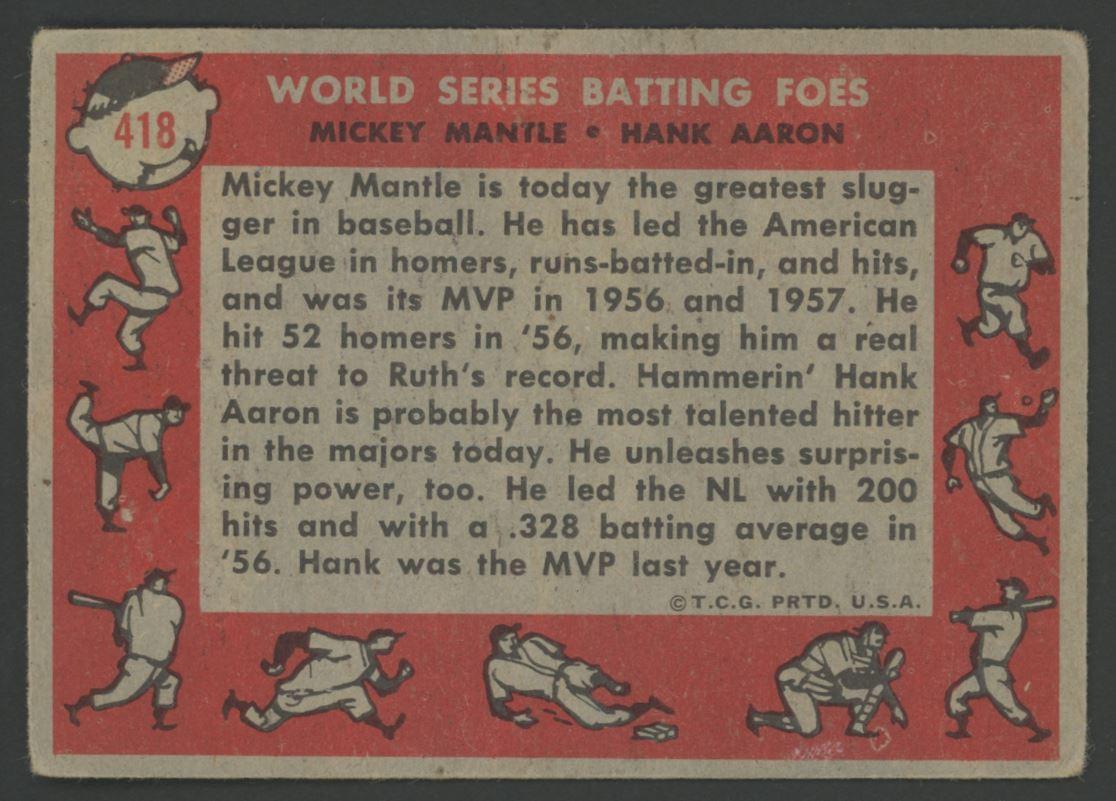 Mickey Mantle / Hank Aaron 1958 Topps #418 World Series Batting Foes at PristineAuction.com Mickey Mantle / Hank Aaron 1958 Topps #418 World Series Batting Foes at PristineAuction.com