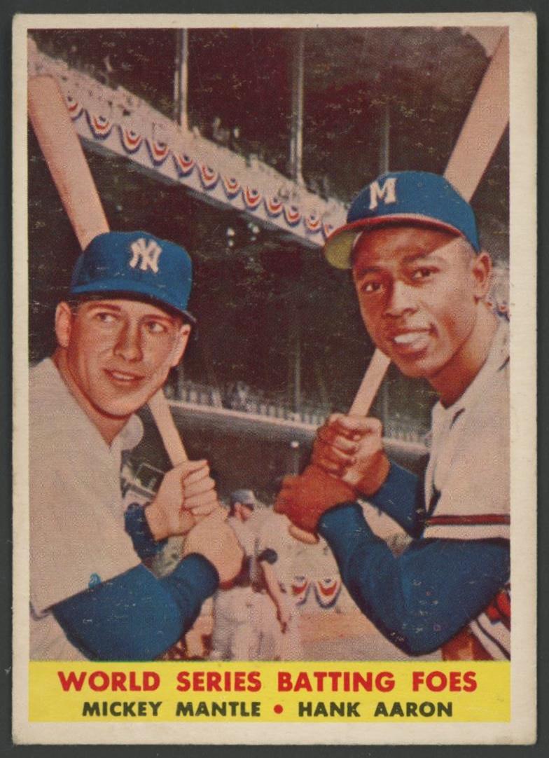 Mickey Mantle / Hank Aaron 1958 Topps #418 World Series Batting Foes at PristineAuction.com Mickey Mantle / Hank Aaron 1958 Topps #418 World Series Batting Foes at PristineAuction.com