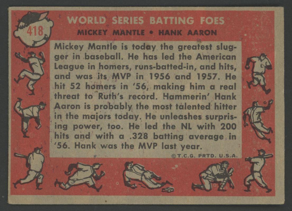 Mickey Mantle / Hank Aaron 1958 Topps #418 World Series Batting Foes at PristineAuction.com Mickey Mantle / Hank Aaron 1958 Topps #418 World Series Batting Foes at PristineAuction.com