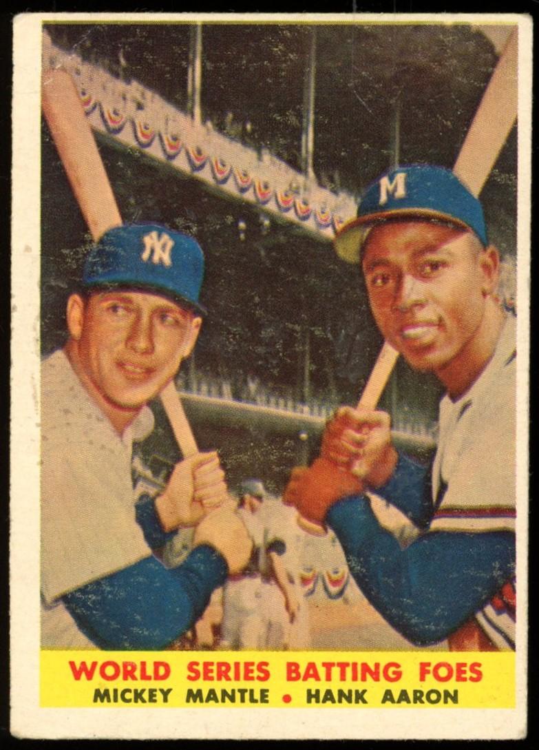 Mickey Mantle / Hank Aaron 1958 Topps #418 World Series Batting Foes at PristineAuction.com Mickey Mantle / Hank Aaron 1958 Topps #418 World Series Batting Foes at PristineAuction.com