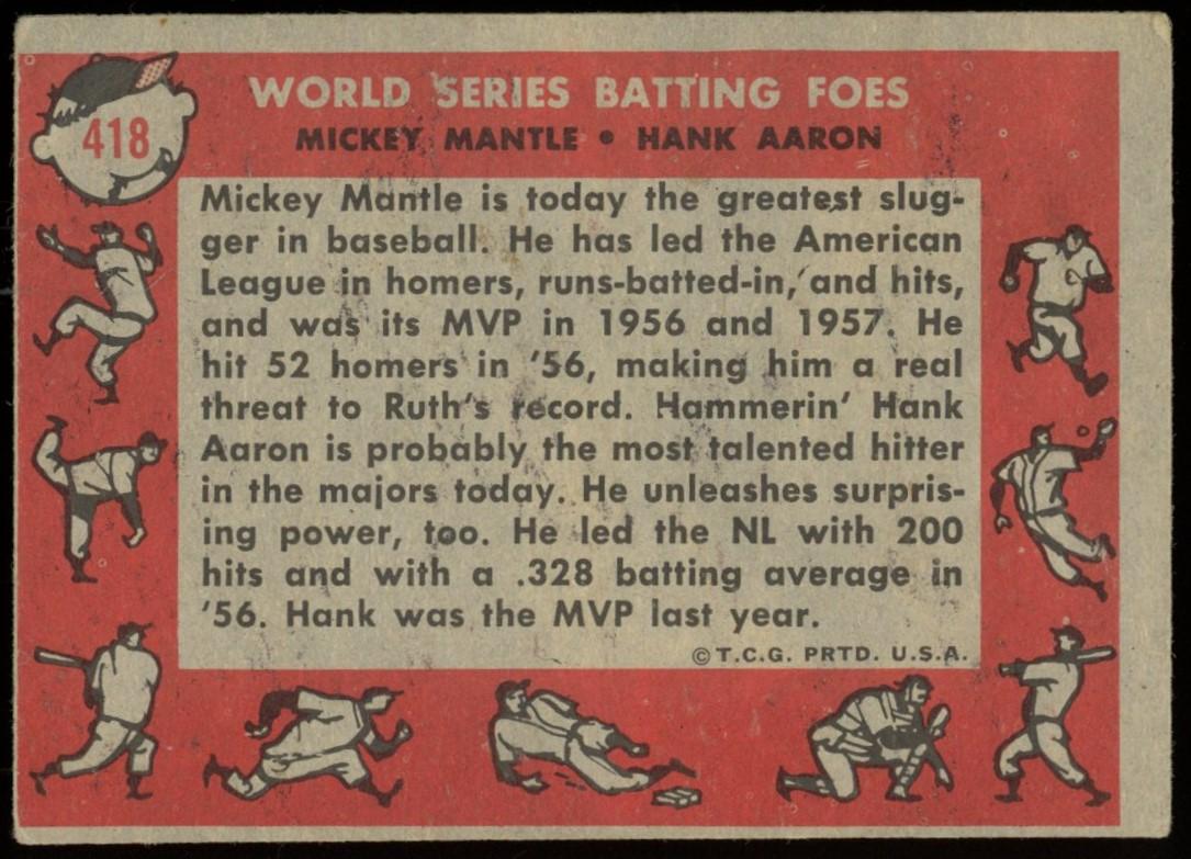 Mickey Mantle / Hank Aaron 1958 Topps #418 World Series Batting Foes at PristineAuction.com Mickey Mantle / Hank Aaron 1958 Topps #418 World Series Batting Foes at PristineAuction.com