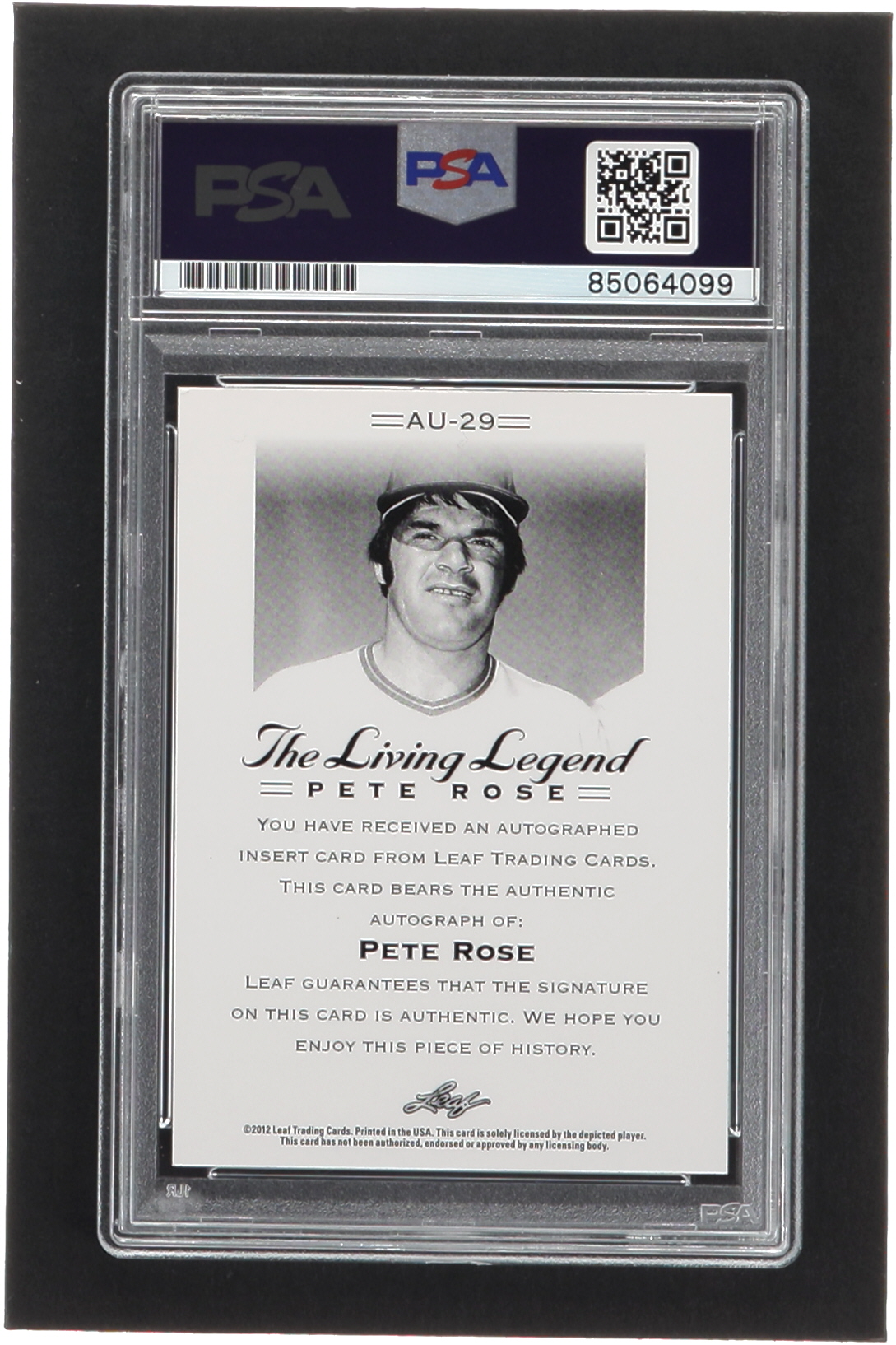 Pete Rose 2012 Leaf Pete Rose The Living Legend Autographs #AU29 (PSA Authentic) at PristineAuction.com Pete Rose 2012 Leaf Pete Rose The Living Legend Autographs #AU29 (PSA Authentic) at PristineAuction.com