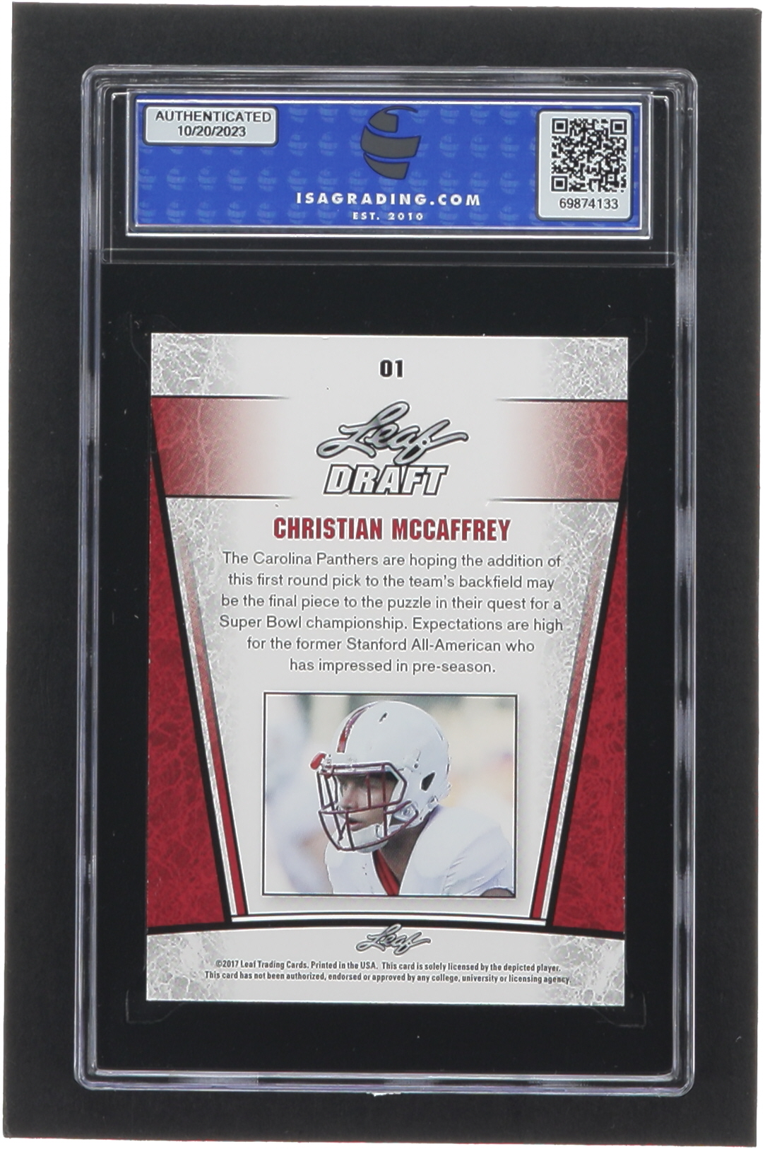 Christian McCaffrey 2017 Leaf Special Release Draft Silver #01 RC (ISA 10) at PristineAuction.com Christian McCaffrey 2017 Leaf Special Release Draft Silver #01 RC (ISA 10) at PristineAuction.com