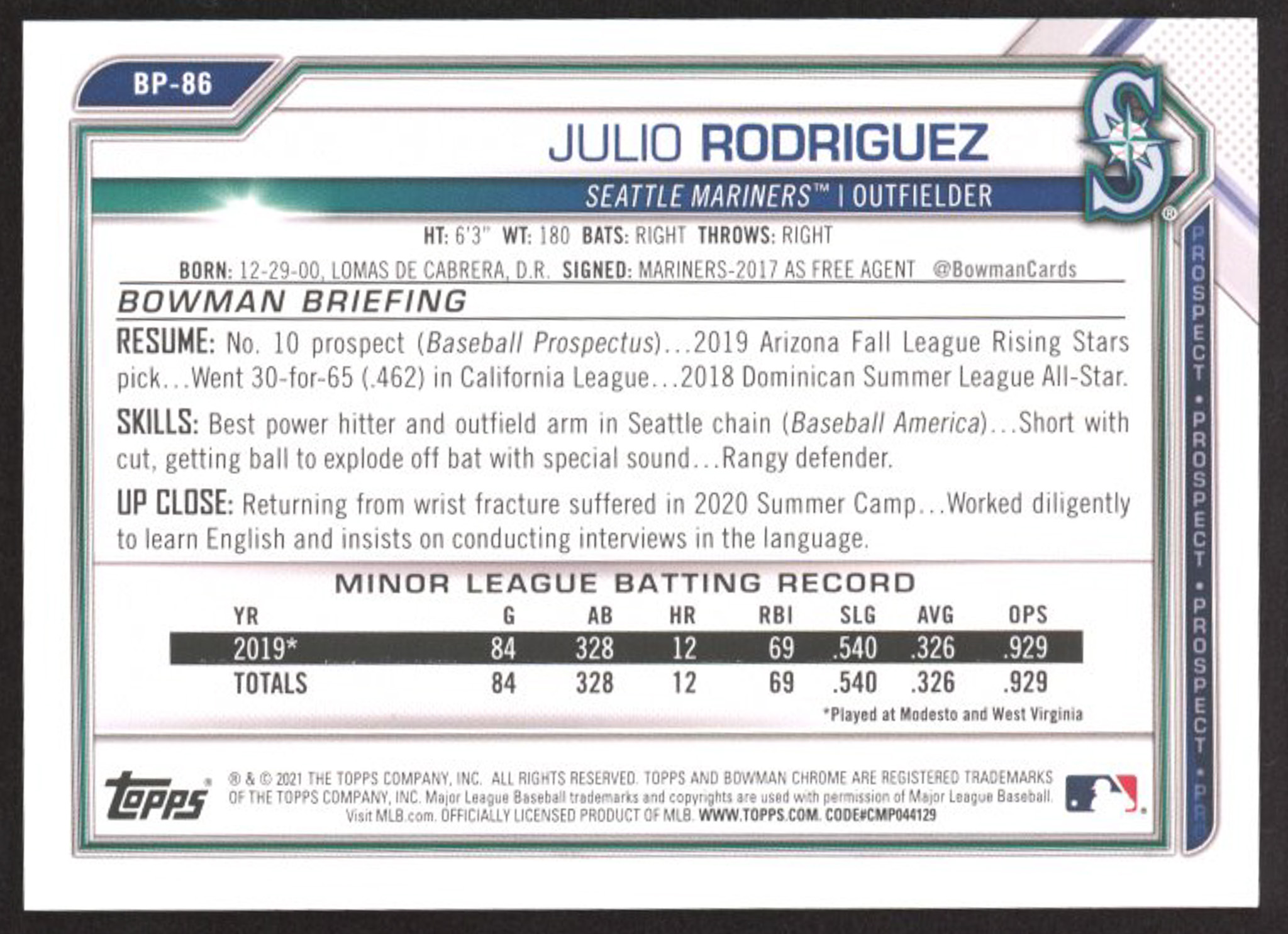 Julio Rodriguez 2021 Bowman Prospects Fuchsia #BP86 RC #171/299 at PristineAuction.com Julio Rodriguez 2021 Bowman Prospects Fuchsia #BP86 RC #171/299 at PristineAuction.com