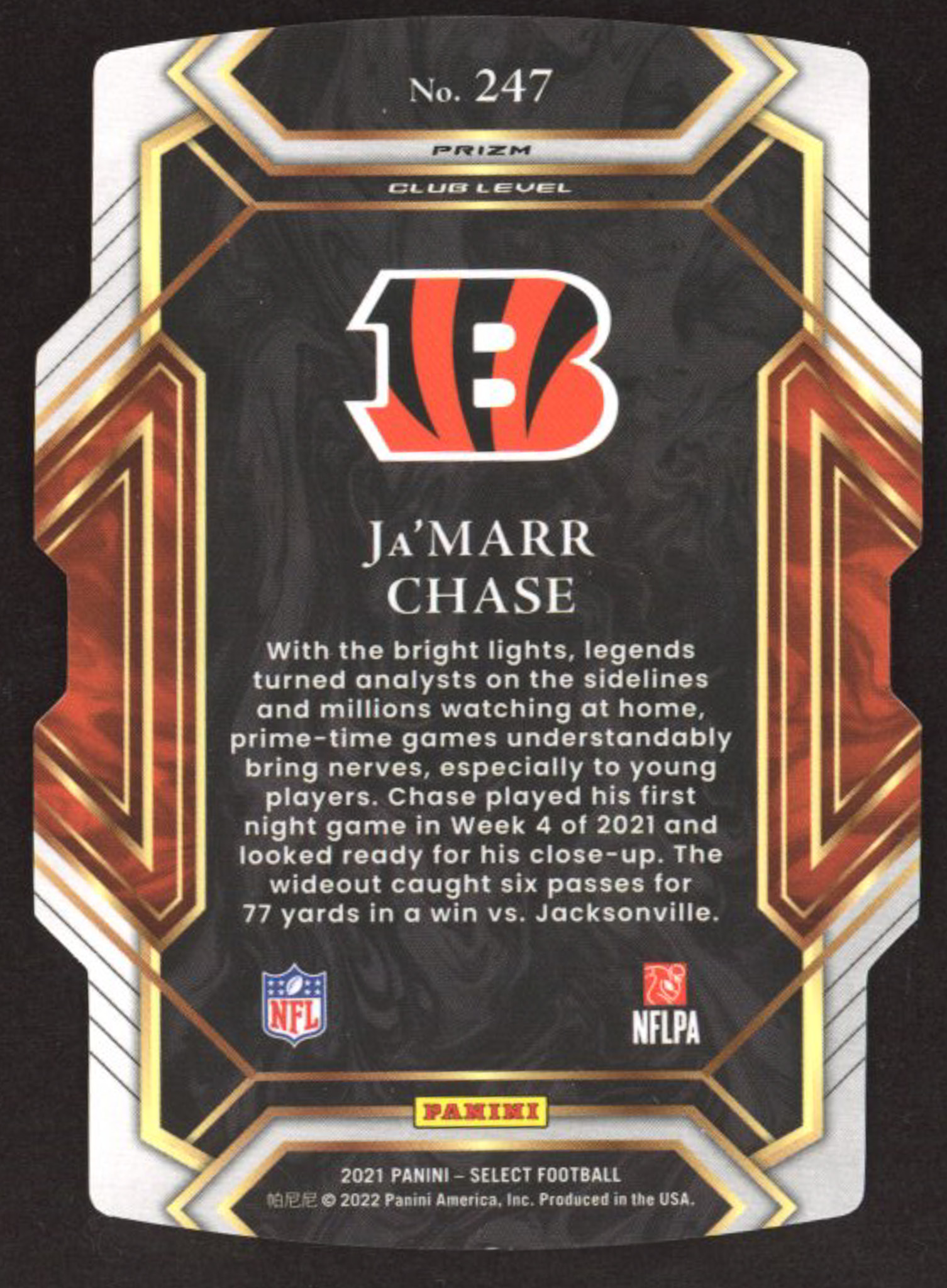 Ja'Marr Chase 2021 Select Prizm Black and Gold Die Cut #247 RC at PristineAuction.com Ja'Marr Chase 2021 Select Prizm Black and Gold Die Cut #247 RC at PristineAuction.com