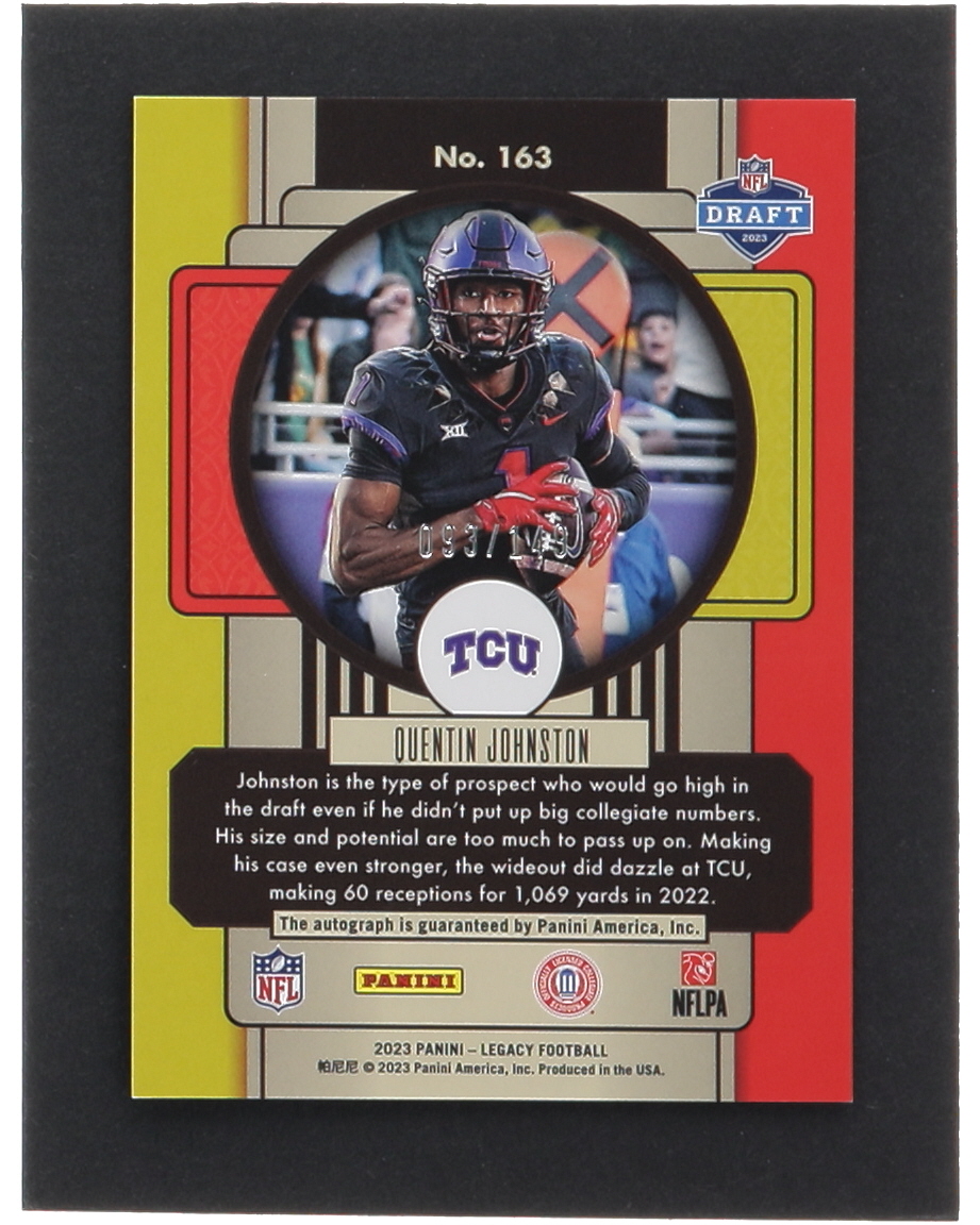 Quentin Johnston 2023 Panini Legacy Rookies Premium Penmanship Orange #163 RC #093/149 at PristineAuction.com Quentin Johnston 2023 Panini Legacy Rookies Premium Penmanship Orange #163 RC #093/149 at PristineAuction.com