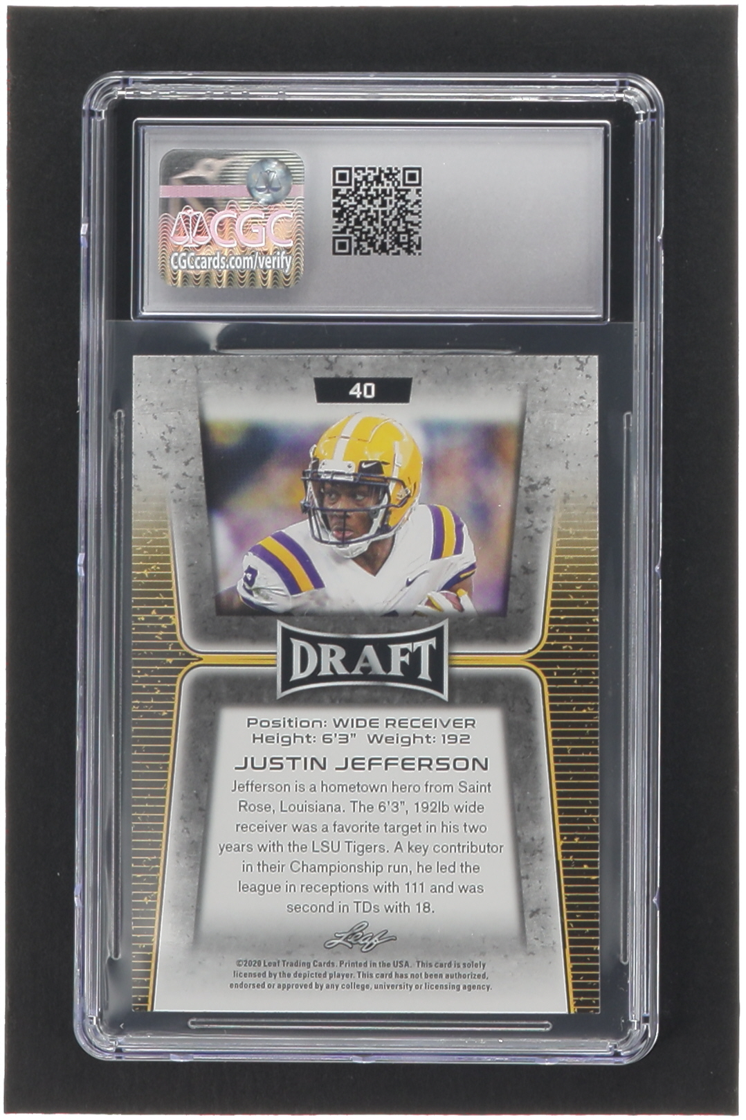 Justin Jefferson 2020 Leaf Draft #40 RC (CGC 9.5) at PristineAuction.com Justin Jefferson 2020 Leaf Draft #40 RC (CGC 9.5) at PristineAuction.com