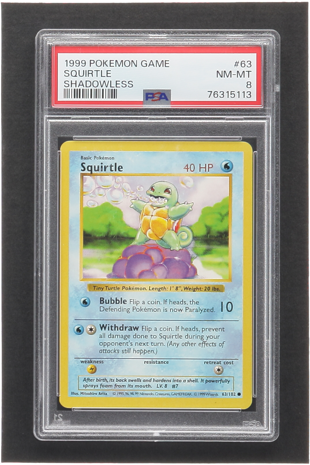 Squirtle Pokemon 1999 Base Shadowless #63 (PSA 8) at PristineAuction.com Squirtle Pokemon 1999 Base Shadowless #63 (PSA 8) at PristineAuction.com