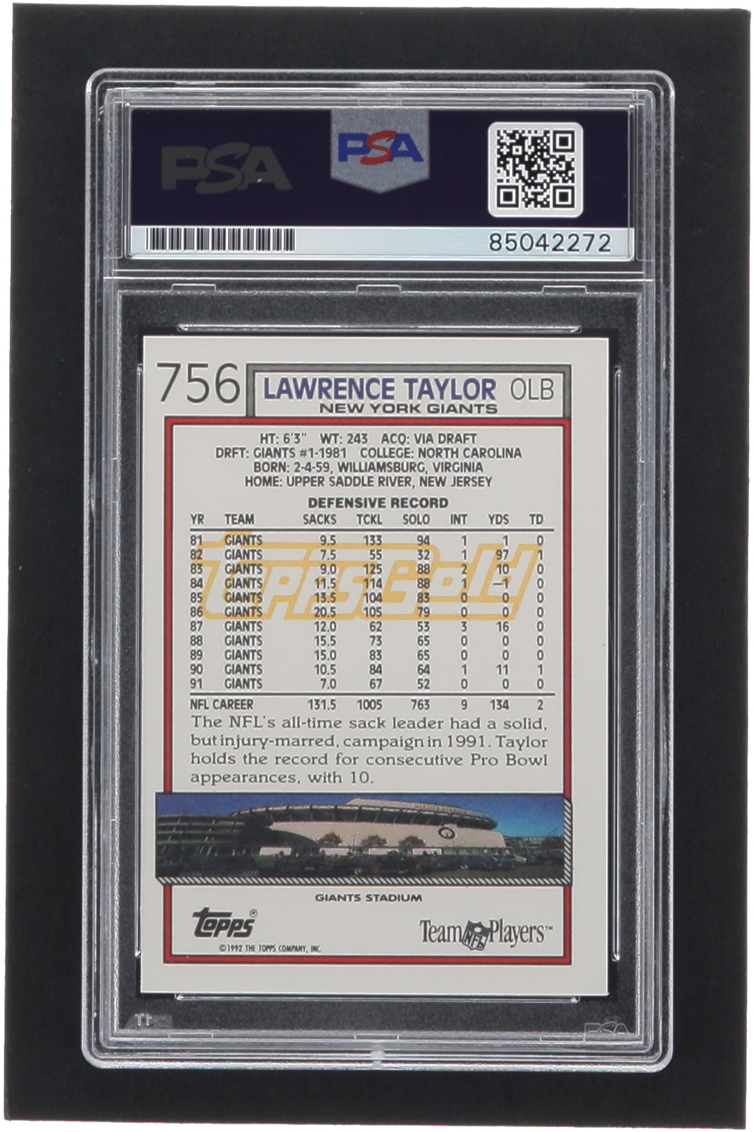 Lawrence Taylor Signed 1992 Topps Gold #756 (PSA) at PristineAuction.com Lawrence Taylor Signed 1992 Topps Gold #756 (PSA) at PristineAuction.com
