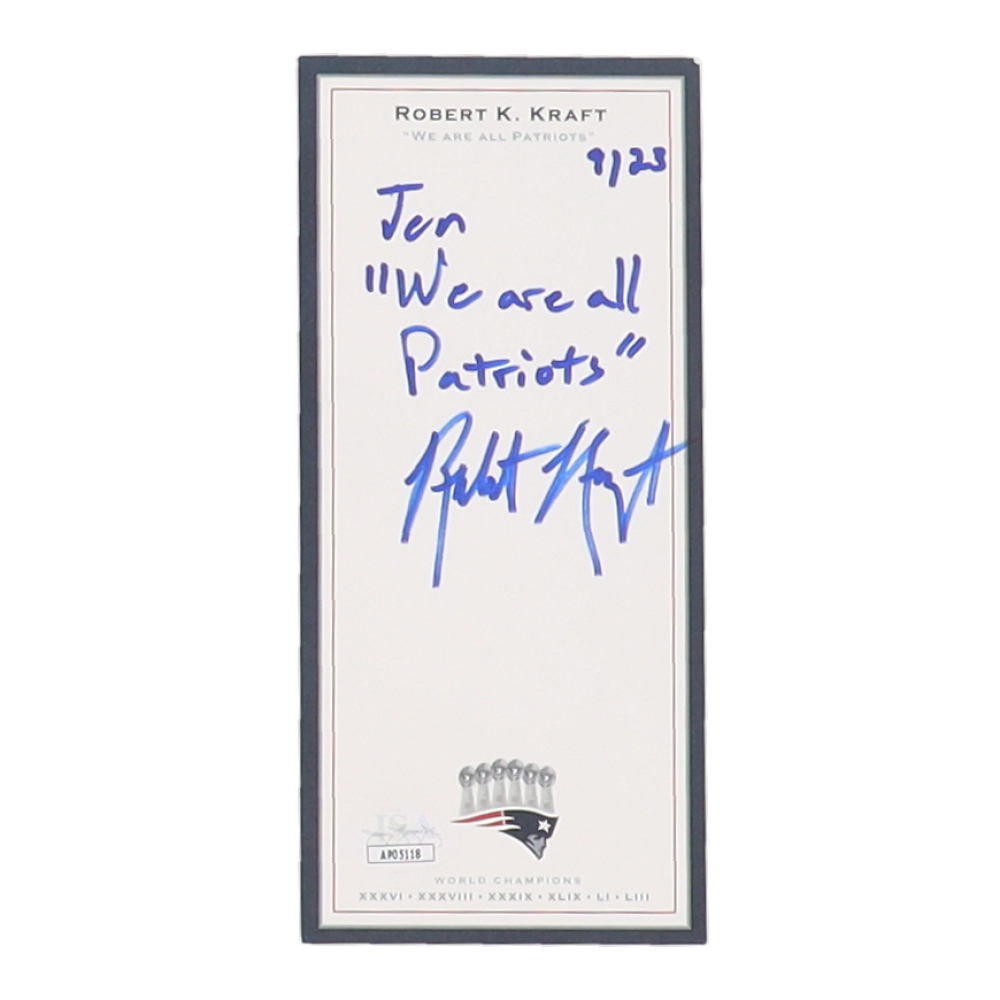 Robert Kraft Signed Patriots 4x7 Courtesy Card Inscribed quot We Are All Robert Kraft Signed Patriots 4x7 Courtesy Card Inscribed quot We Are All
