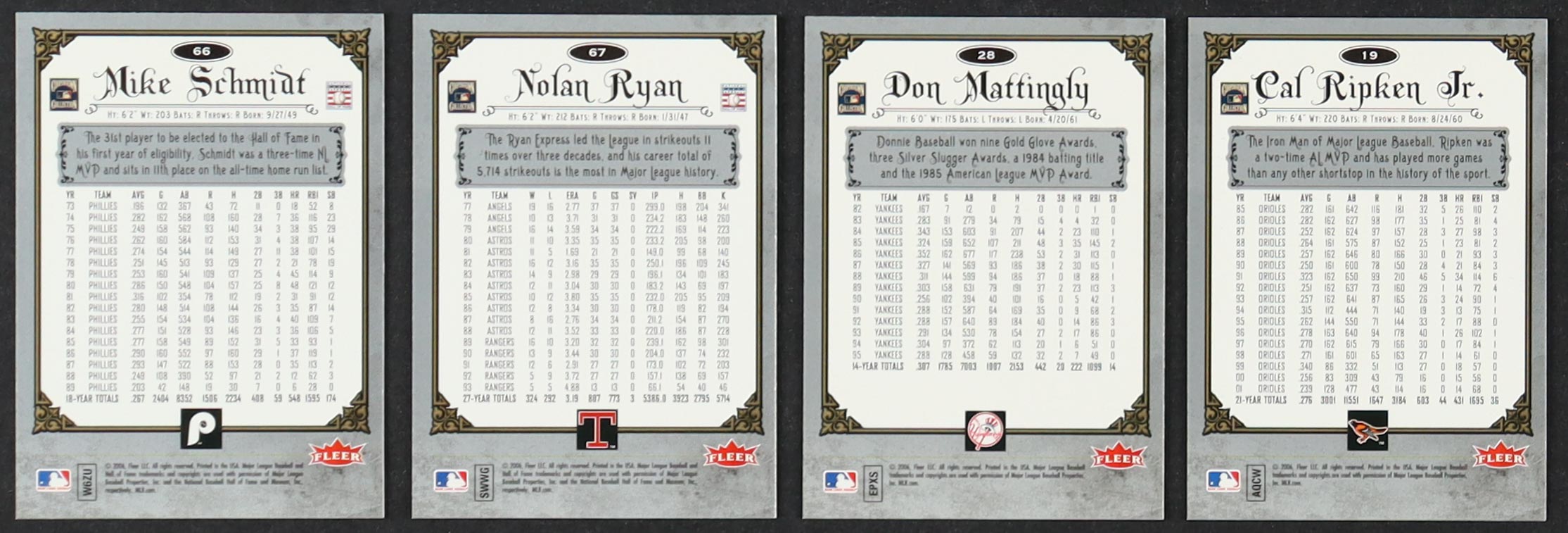 2006 Fleer Greats Of The Game Baseball Complete Set of (99) Cards with Mike Schmidt #66, Nolan Ryan #67, Don Mattingly #28, Cal Ripken Jr. #19 at PristineAuction.com 2006 Fleer Greats Of The Game Baseball Complete Set of (99) Cards with Mike Schmidt #66, Nolan Ryan #67, Don Mattingly #28, Cal Ripken Jr. #19 at PristineAuction.com