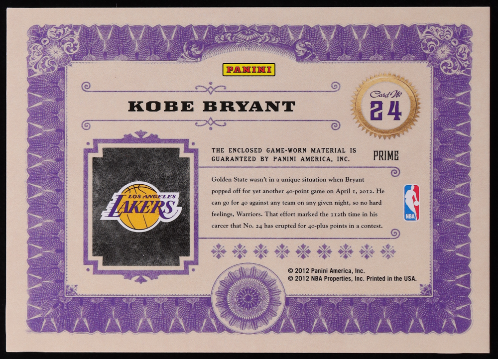 Kobe Bryant 2011-12 Panini Gold Standard Gold Stars Materials Prime #24 at PristineAuction.com Kobe Bryant 2011-12 Panini Gold Standard Gold Stars Materials Prime #24 at PristineAuction.com