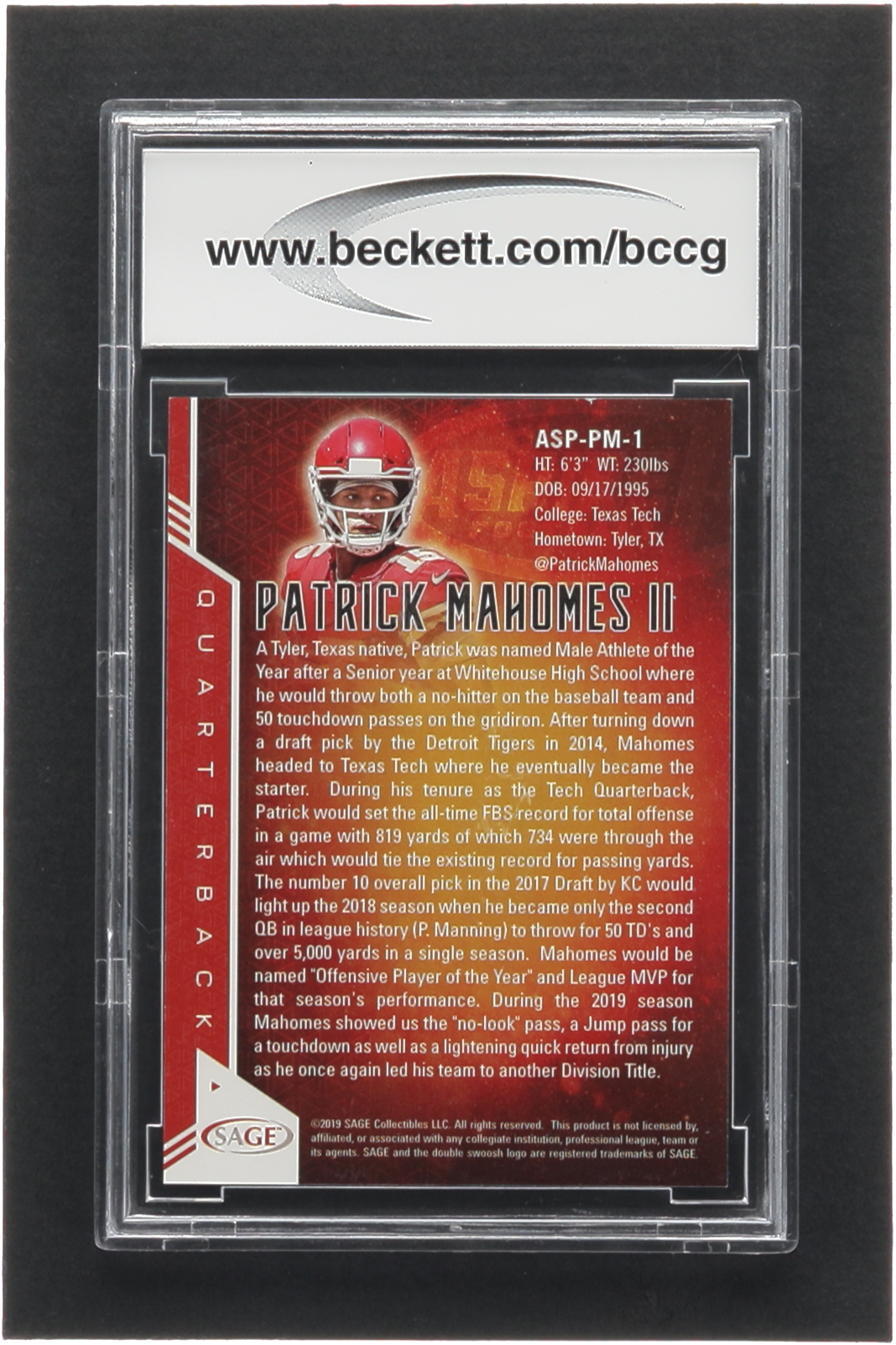 Patrick Mahomes II 2019 SAGE Aspire Red #ASPPM1 (BCCG 10) at PristineAuction.com Patrick Mahomes II 2019 SAGE Aspire Red #ASPPM1 (BCCG 10) at PristineAuction.com