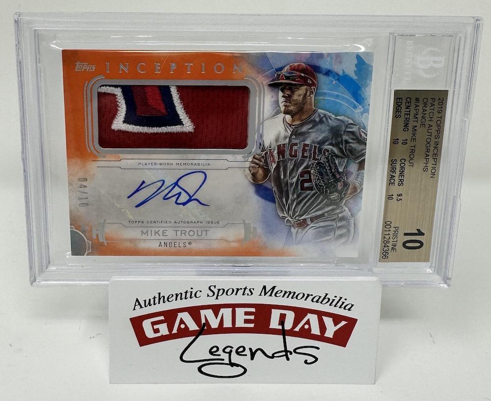 Mike Trout 2019 Topps Inception Patch Autographs Orange #IAPMT #4/10 (BGS 10 | Autograph Graded 10) at PristineAuction.com Mike Trout 2019 Topps Inception Patch Autographs Orange #IAPMT #4/10 (BGS 10 | Autograph Graded 10) at PristineAuction.com