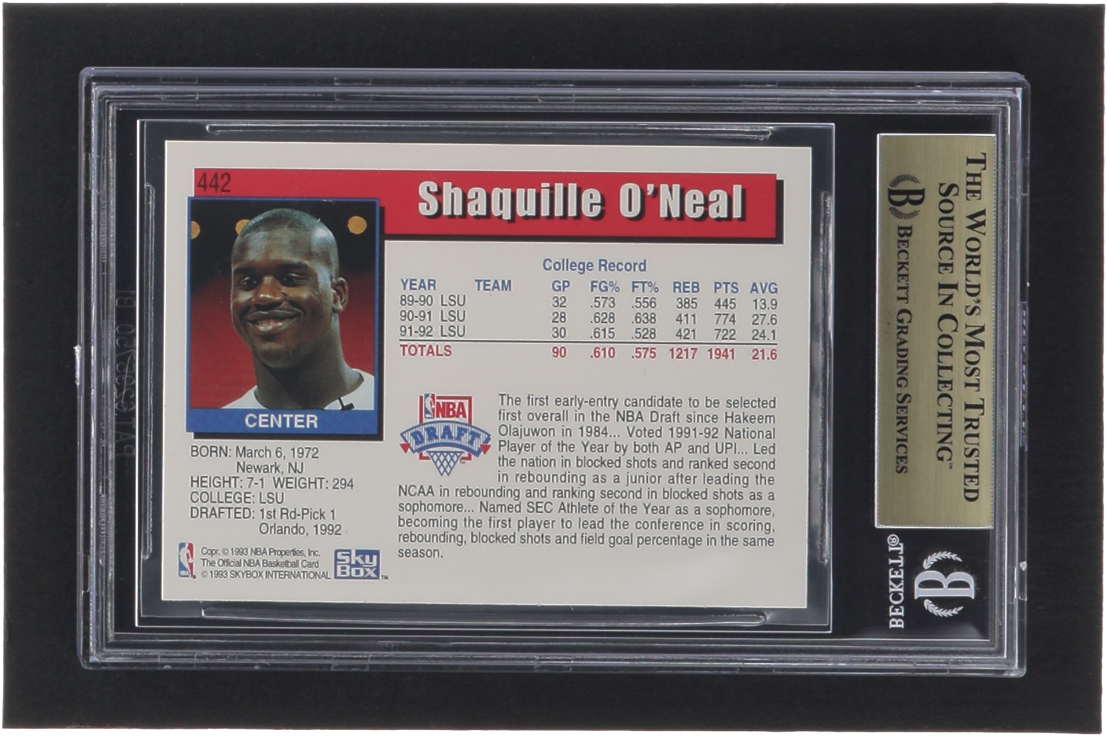 Shaquille O'Neal 1992-93 Hoops #442 RC (BGS 9.5) at PristineAuction.com Shaquille O'Neal 1992-93 Hoops #442 RC (BGS 9.5) at PristineAuction.com