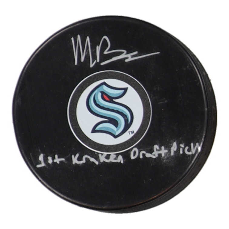 Matty Beniers Signed Kraken Logo Hockey Puck Inscribed "1st Kraken Draft Pick" (Fanatics) at PristineAuction.com Matty Beniers Signed Kraken Logo Hockey Puck Inscribed "1st Kraken Draft Pick" (Fanatics) at PristineAuction.com