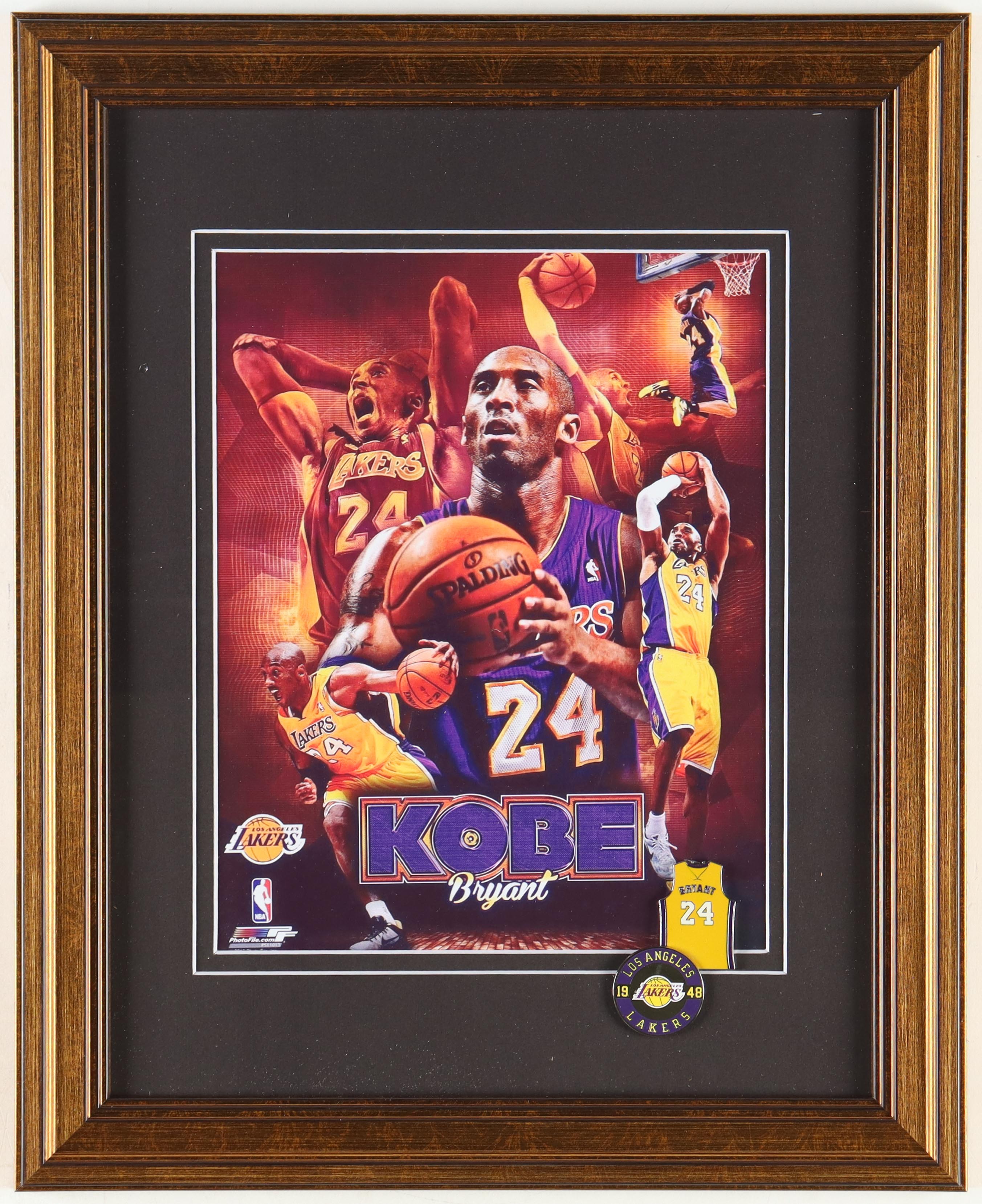 Kobe Bryant Mosaic Custom Framed Art Print Display With Bryant Jersey & Official Lakers Logo Pin at PristineAuction.com Kobe Bryant Mosaic Custom Framed Art Print Display With Bryant Jersey & Official Lakers Logo Pin at PristineAuction.com