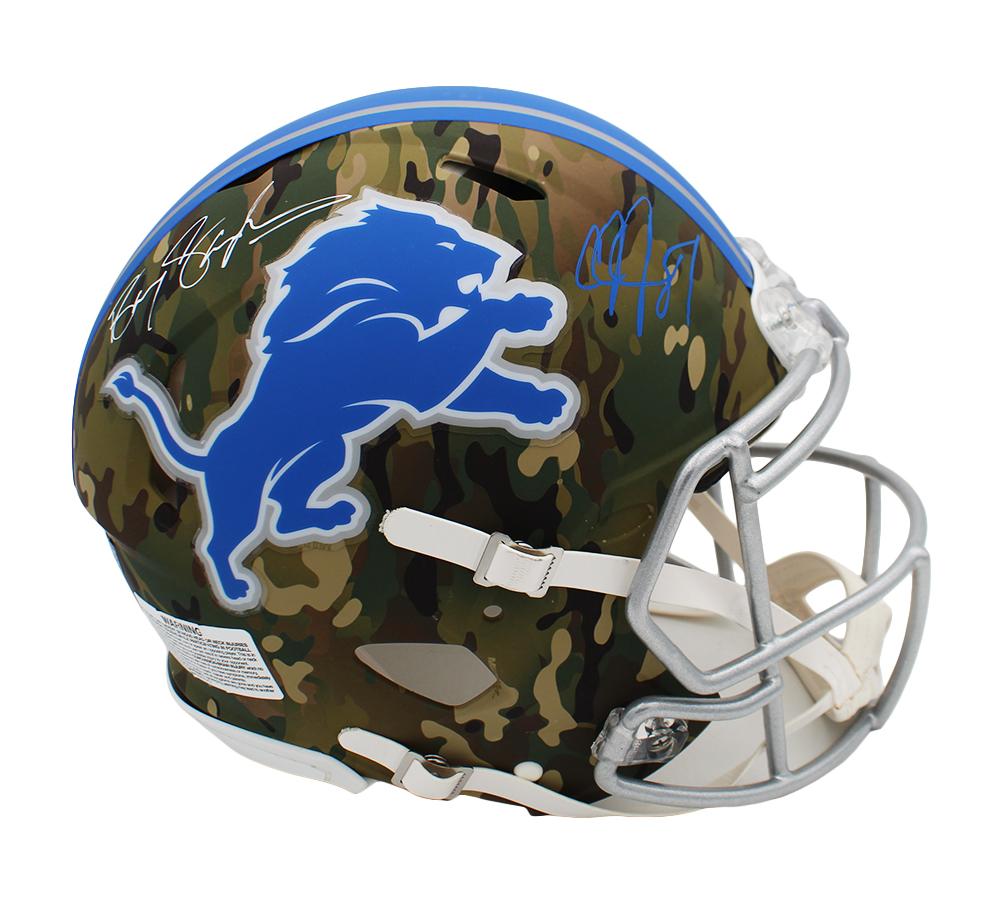 Calvin Johnson & Barry Sanders Signed Lions Full-Size Authentic On-Field Camo Alternate Speed Helmet (Radtke) at PristineAuction.com Calvin Johnson & Barry Sanders Signed Lions Full-Size Authentic On-Field Camo Alternate Speed Helmet (Radtke) at PristineAuction.com