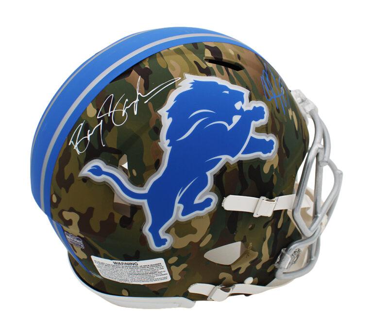 Calvin Johnson & Barry Sanders Signed Lions Full-Size Authentic On-Field Camo Alternate Speed Helmet (Radtke) at PristineAuction.com Calvin Johnson & Barry Sanders Signed Lions Full-Size Authentic On-Field Camo Alternate Speed Helmet (Radtke) at PristineAuction.com