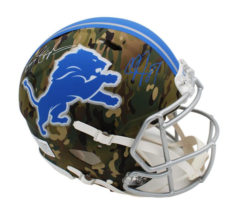 Calvin Johnson & Barry Sanders Signed Lions Full-Size Authentic On-Field Camo Alternate Speed Helmet (Radtke) at PristineAuction.com Calvin Johnson & Barry Sanders Signed Lions Full-Size Authentic On-Field Camo Alternate Speed Helmet (Radtke) at PristineAuction.com