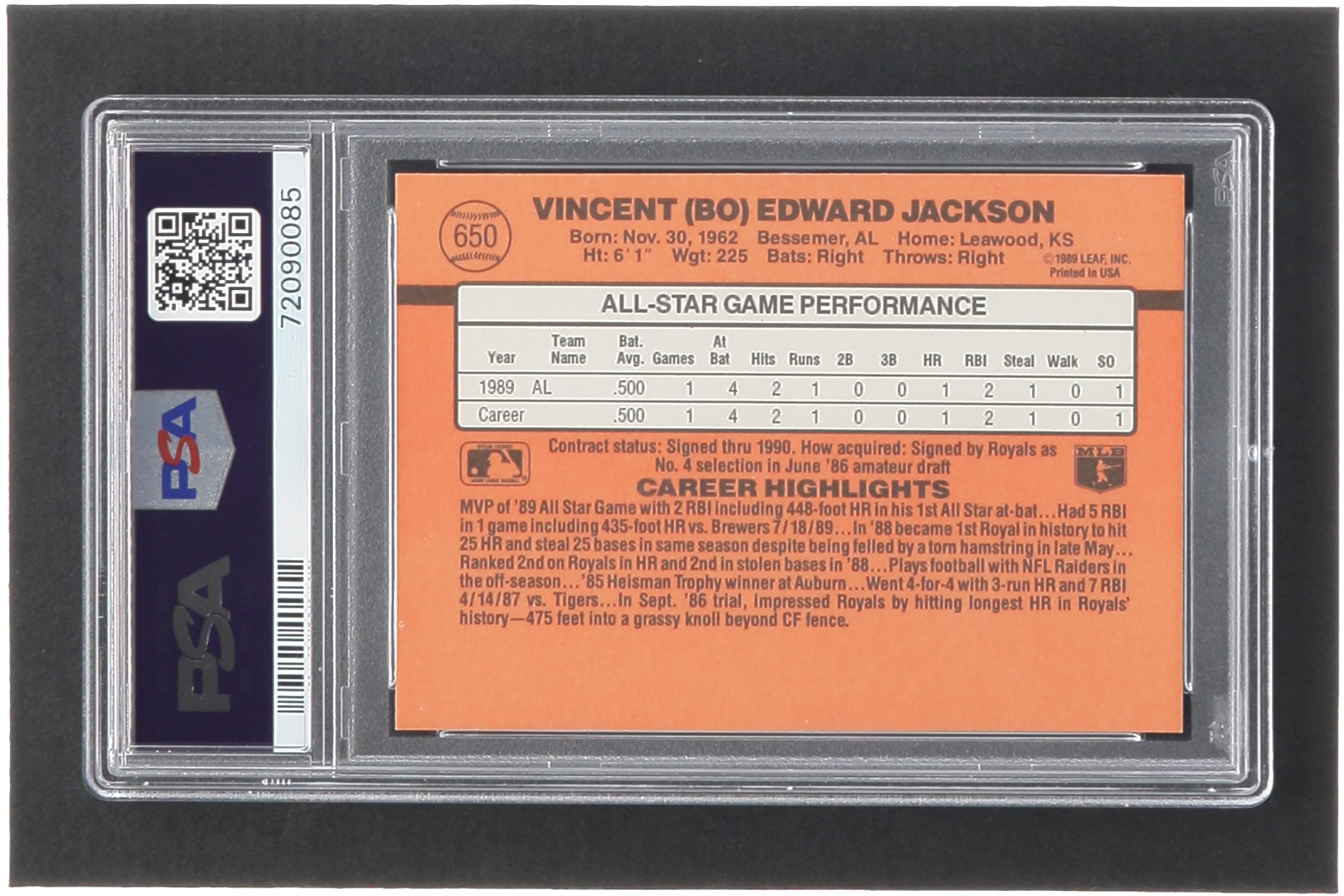 Bo Jackson 1990 Donruss #650B AS / All-Star Game / Performance (PSA 9) at PristineAuction.com Bo Jackson 1990 Donruss #650B AS / All-Star Game / Performance (PSA 9) at PristineAuction.com