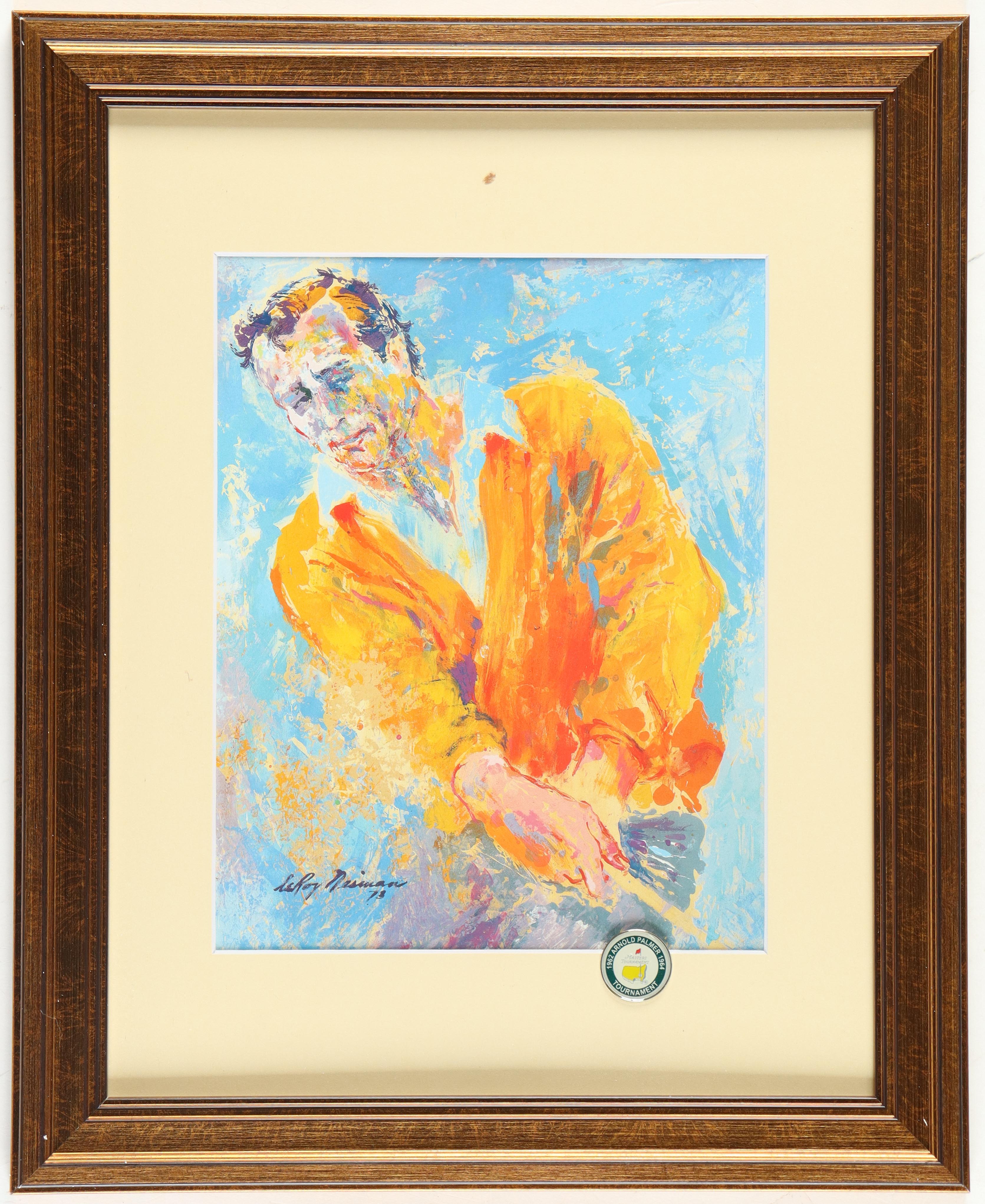 LeRoy Neiman "Arnold Palmer" Custom Framed Print Display with Official Masters Tournament 1964 Pin at PristineAuction.com LeRoy Neiman "Arnold Palmer" Custom Framed Print Display with Official Masters Tournament 1964 Pin at PristineAuction.com
