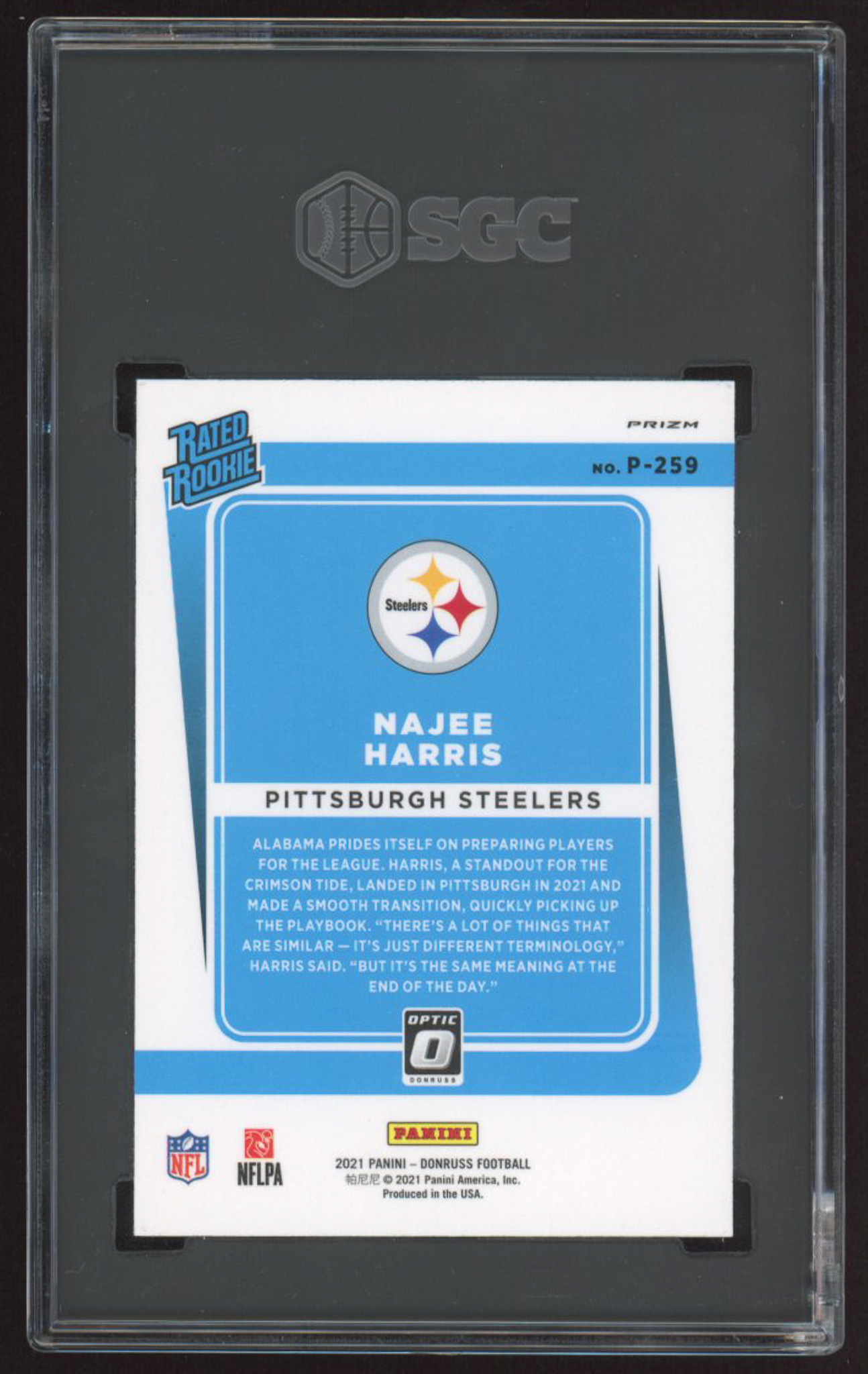 Najee Harris 2021 Donruss Optic Rated Rookie Preview Red and Green #259 RC (SGC 9.5) at PristineAuction.com Najee Harris 2021 Donruss Optic Rated Rookie Preview Red and Green #259 RC (SGC 9.5) at PristineAuction.com