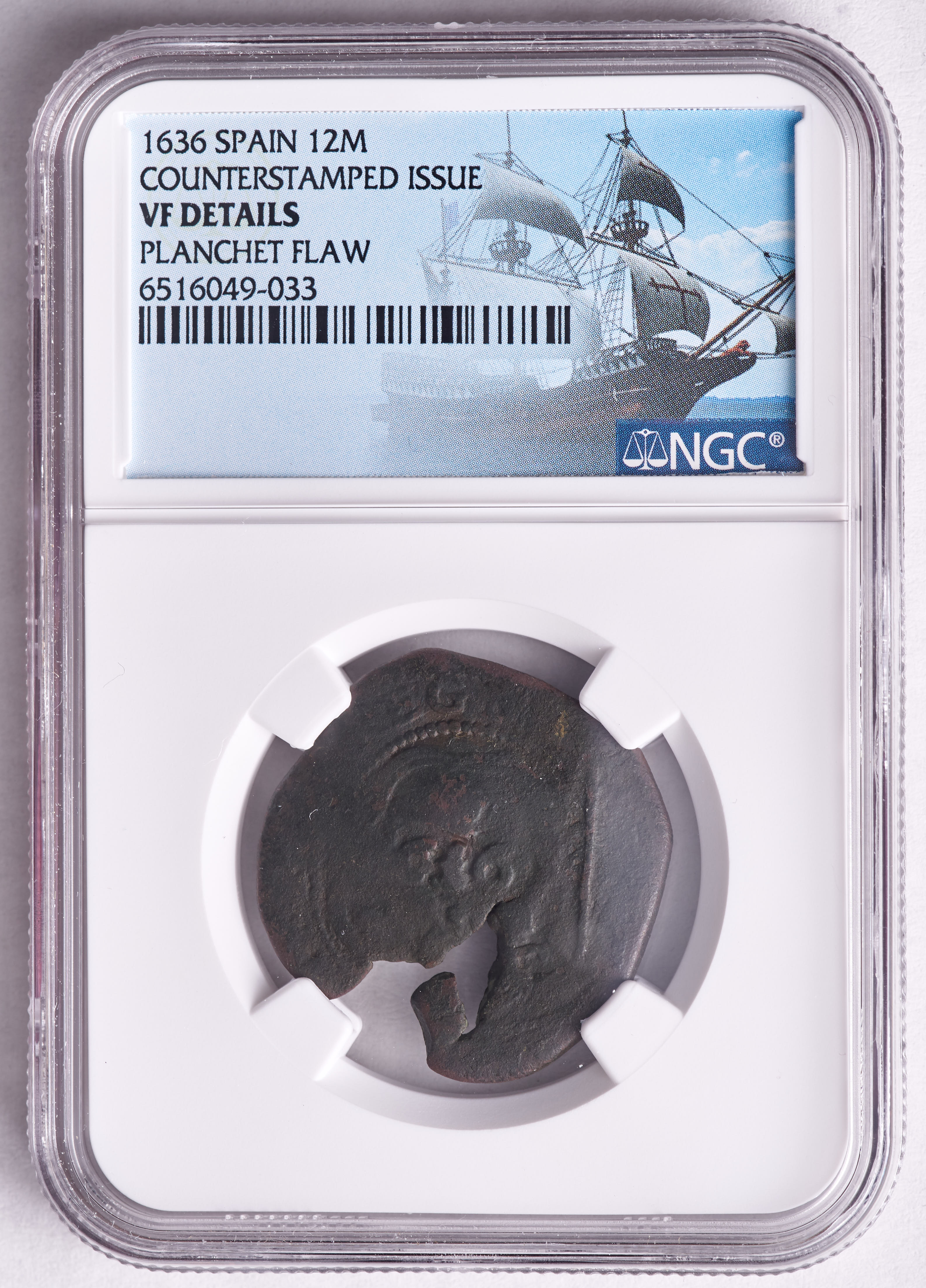 1636 Philip IV Spain 12 Maravedis Counterstamped "Pirate Cob" Coin (NGC VF Details) at PristineAuction.com 1636 Philip IV Spain 12 Maravedis Counterstamped "Pirate Cob" Coin (NGC VF Details) at PristineAuction.com