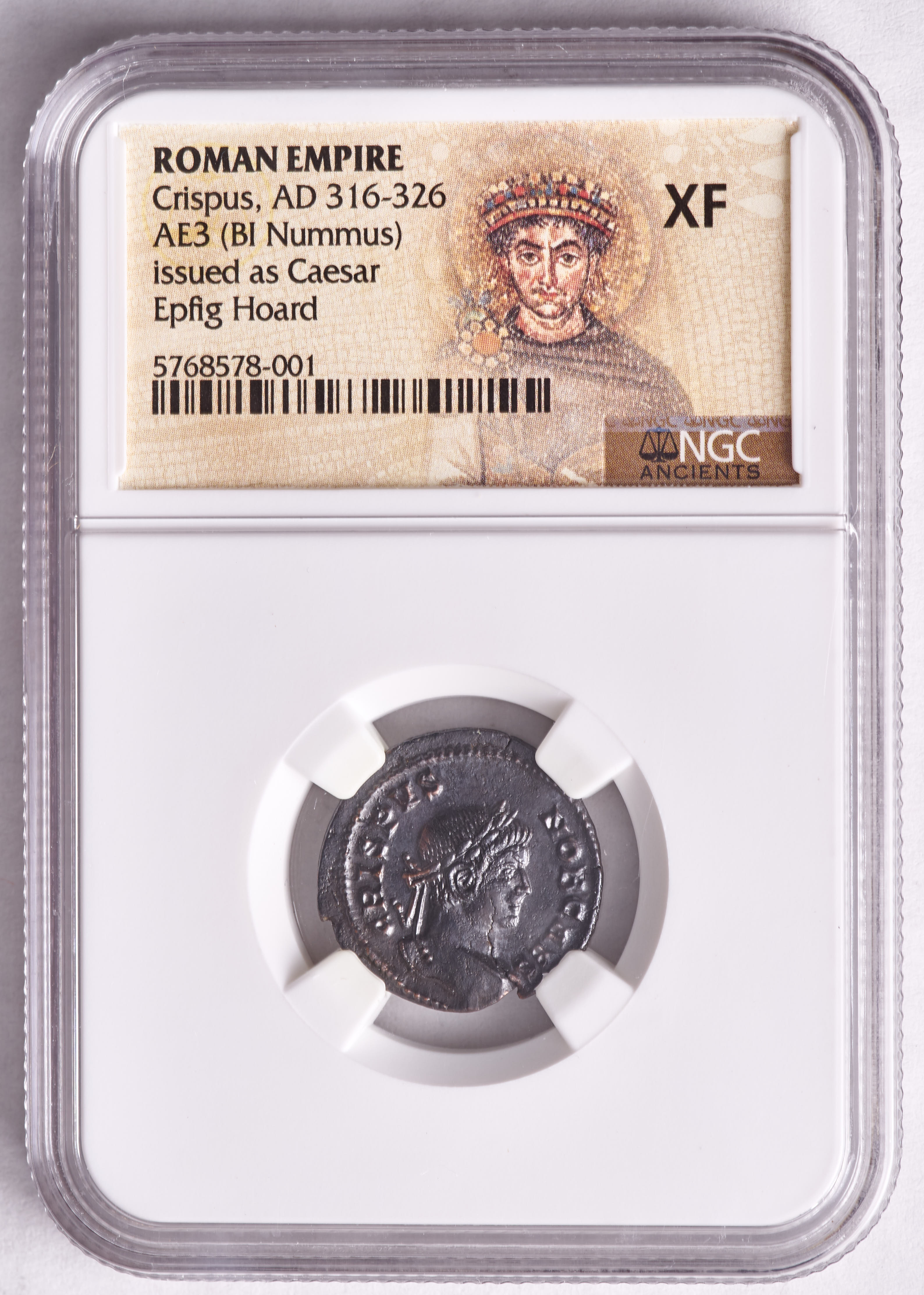 Crispus (AD 316-326) Roman Empire AE3 (BI Nummus) Ancient Coin, Issued as Caesar Epfig Hoard (NGC XF) at PristineAuction.com Crispus (AD 316-326) Roman Empire AE3 (BI Nummus) Ancient Coin, Issued as Caesar Epfig Hoard (NGC XF) at PristineAuction.com