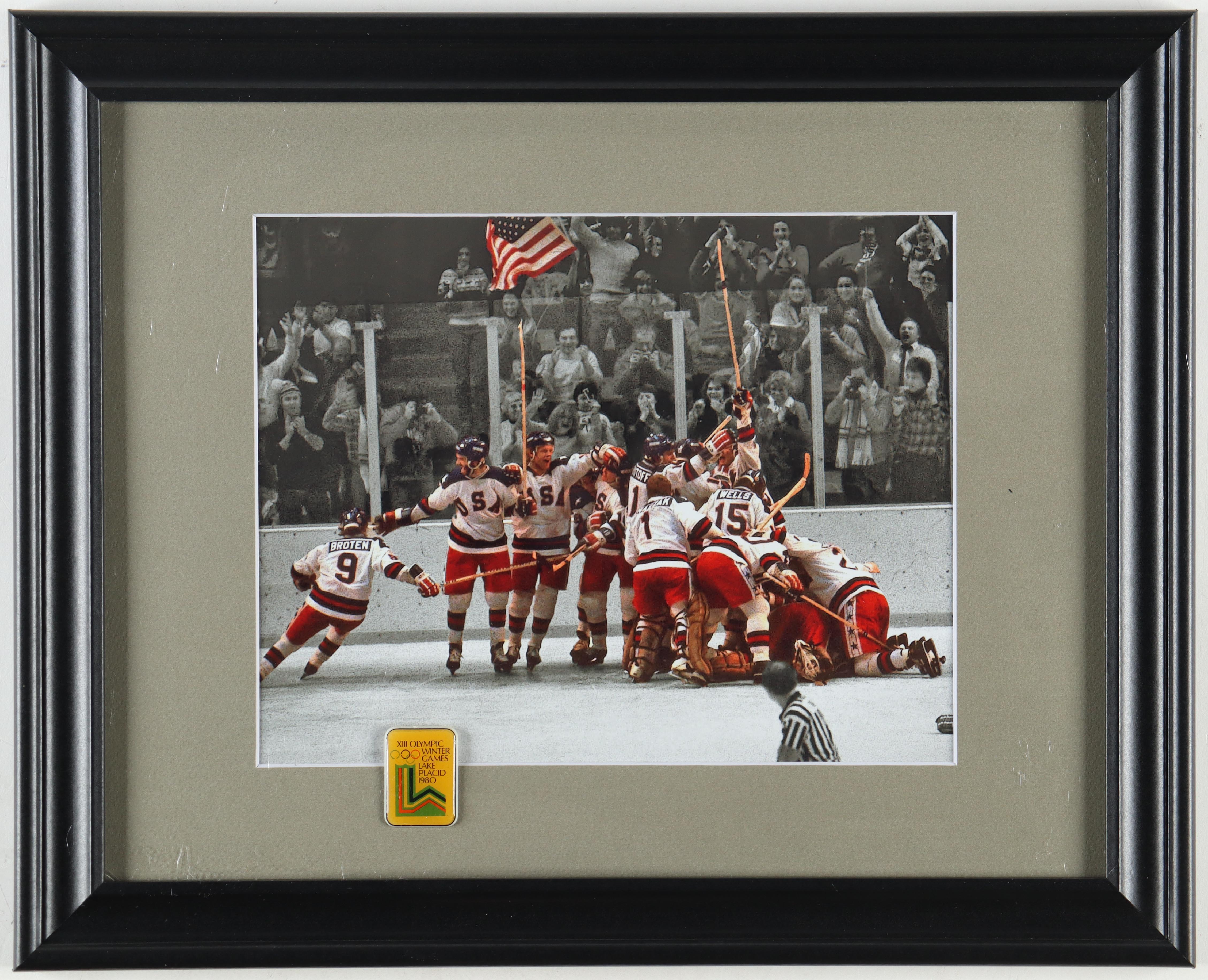 "The Miracle on Ice" Custom Framed Photo Display With Official 1980 Lake Placid Olympic Pin at PristineAuction.com "The Miracle on Ice" Custom Framed Photo Display With Official 1980 Lake Placid Olympic Pin at PristineAuction.com