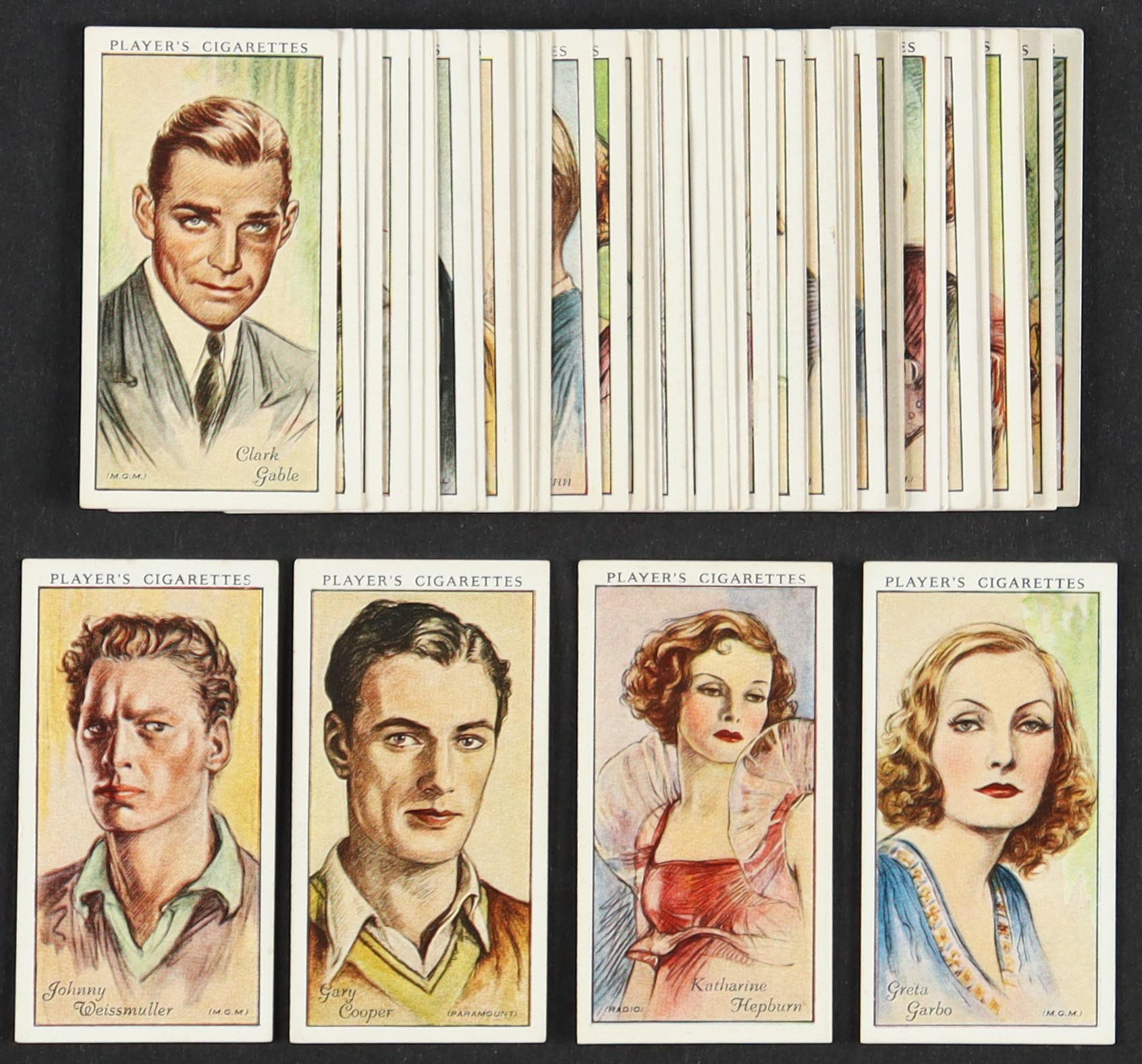 1934 Player's Film Stars Complete Set of (50) Cards with Katharine Hepburn #26, Johnny Weissmuller #48, Gary Cooper #11, Greta Garbo #22 at PristineAuction.com 1934 Player's Film Stars Complete Set of (50) Cards with Katharine Hepburn #26, Johnny Weissmuller #48, Gary Cooper #11, Greta Garbo #22 at PristineAuction.com