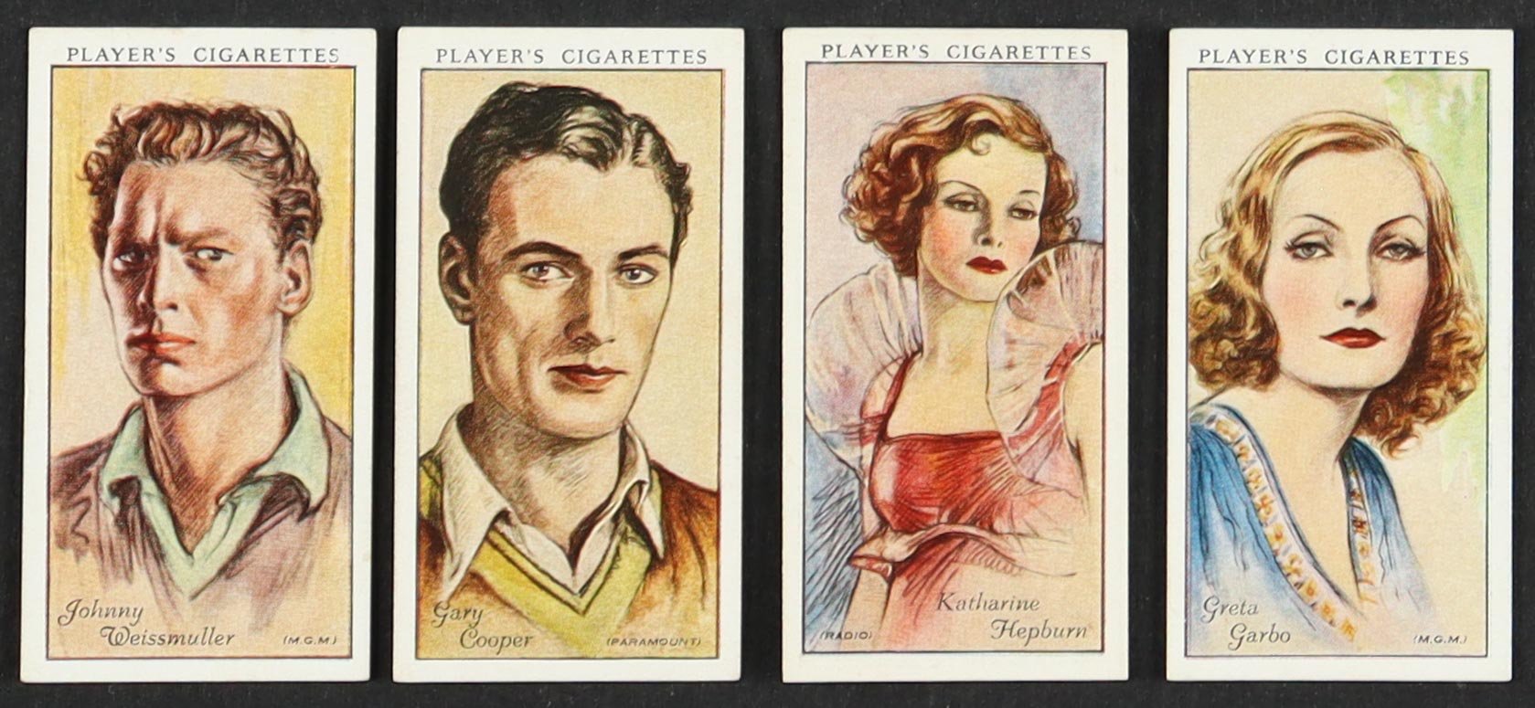 1934 Player's Film Stars Complete Set of (50) Cards with Katharine Hepburn #26, Johnny Weissmuller #48, Gary Cooper #11, Greta Garbo #22 at PristineAuction.com 1934 Player's Film Stars Complete Set of (50) Cards with Katharine Hepburn #26, Johnny Weissmuller #48, Gary Cooper #11, Greta Garbo #22 at PristineAuction.com