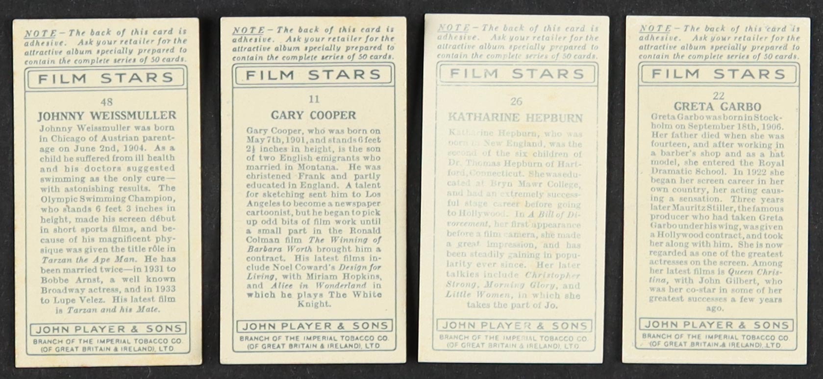1934 Player's Film Stars Complete Set of (50) Cards with Katharine Hepburn #26, Johnny Weissmuller #48, Gary Cooper #11, Greta Garbo #22 at PristineAuction.com 1934 Player's Film Stars Complete Set of (50) Cards with Katharine Hepburn #26, Johnny Weissmuller #48, Gary Cooper #11, Greta Garbo #22 at PristineAuction.com