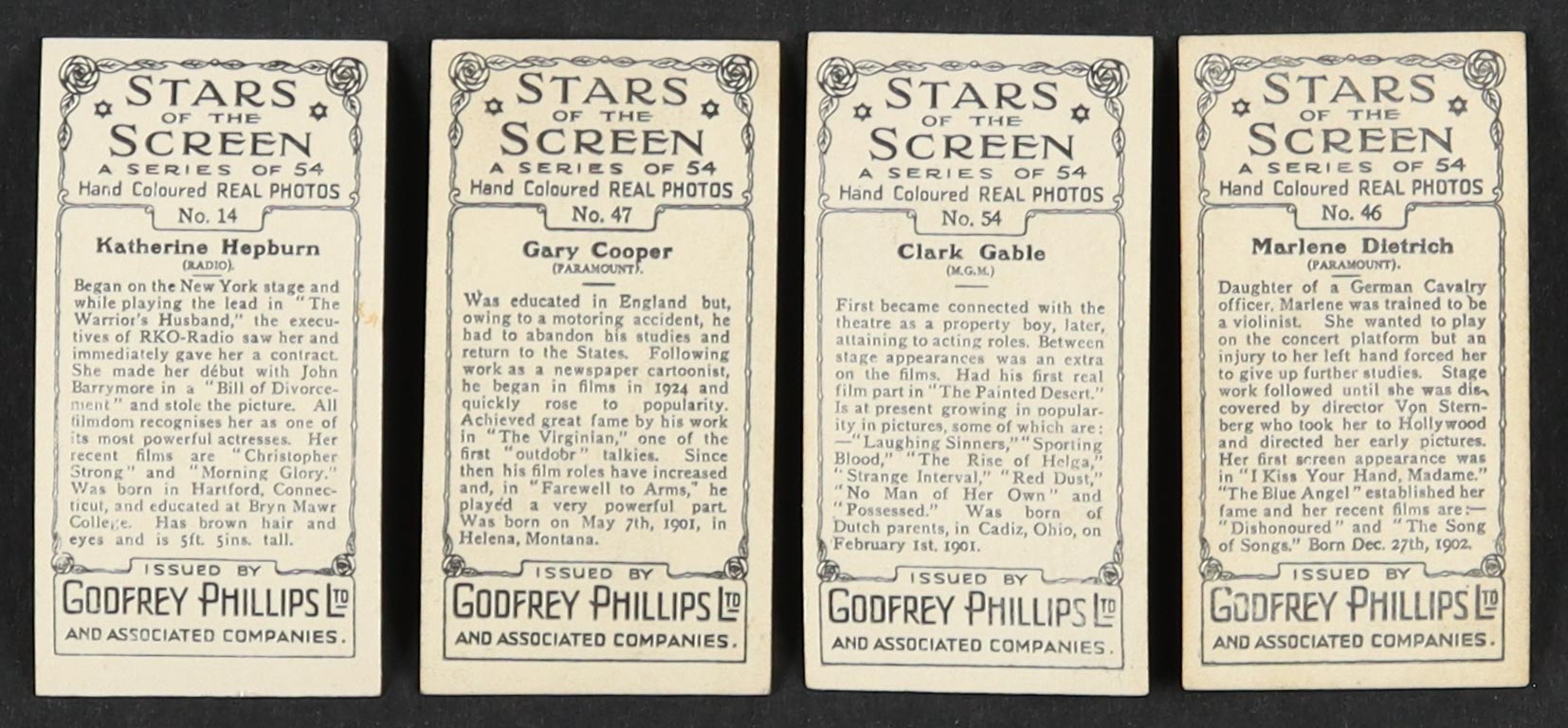 1934 Godfrey Phillips "Stars Of The Screen" Complete Set of (54) Cigarette Cards with Katharine Hepburn #14, Gary Cooper #47, Clark Gable #54, Marlene Dietrich #46 at PristineAuction.com 1934 Godfrey Phillips "Stars Of The Screen" Complete Set of (54) Cigarette Cards with Katharine Hepburn #14, Gary Cooper #47, Clark Gable #54, Marlene Dietrich #46 at PristineAuction.com