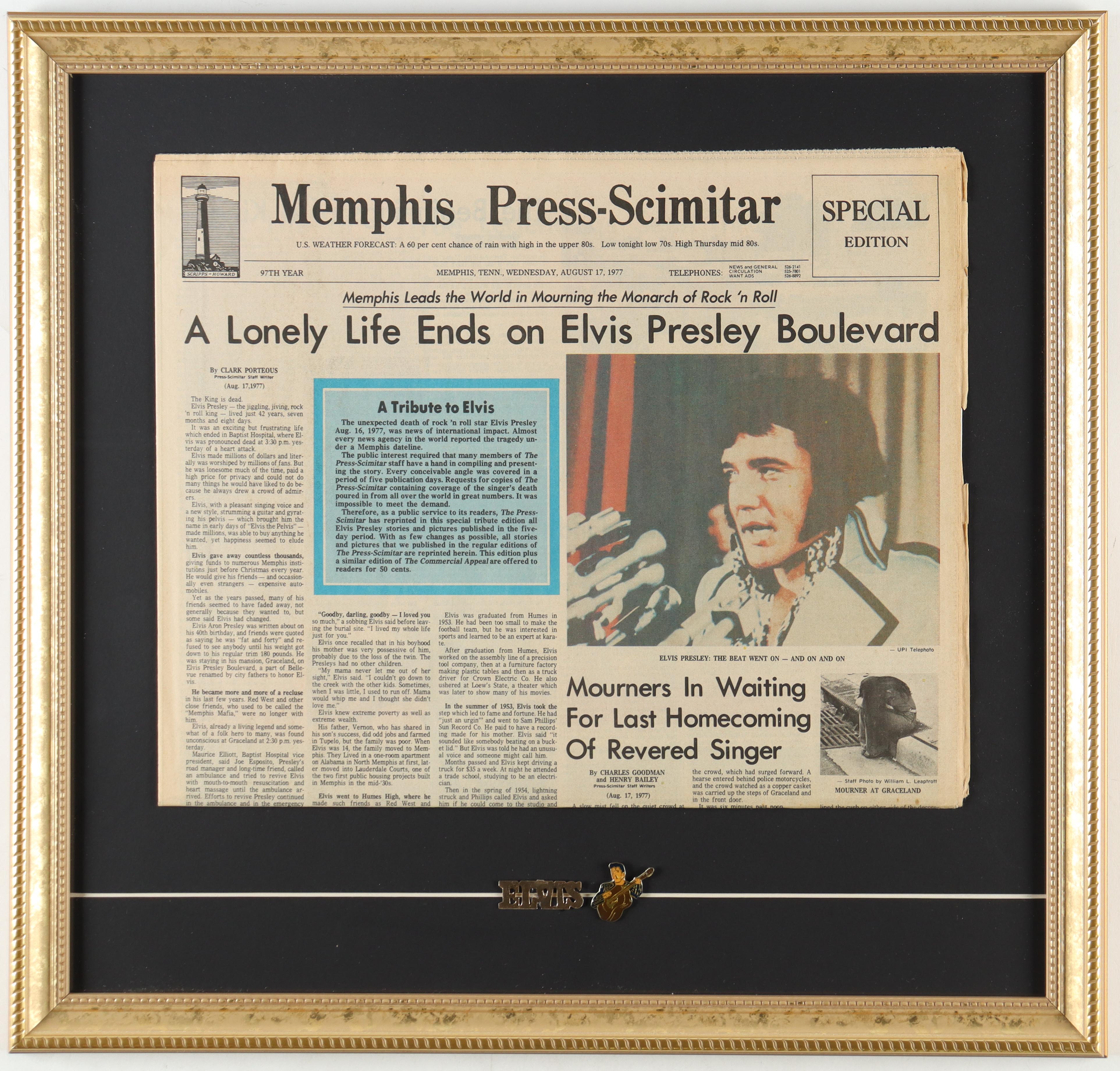 Elvis Presley "Memphis Press-Scimitar" Custom Framed Original Death Day Newspaper Display with (2) Vintage Elvis Pins at PristineAuction.com Elvis Presley "Memphis Press-Scimitar" Custom Framed Original Death Day Newspaper Display with (2) Vintage Elvis Pins at PristineAuction.com