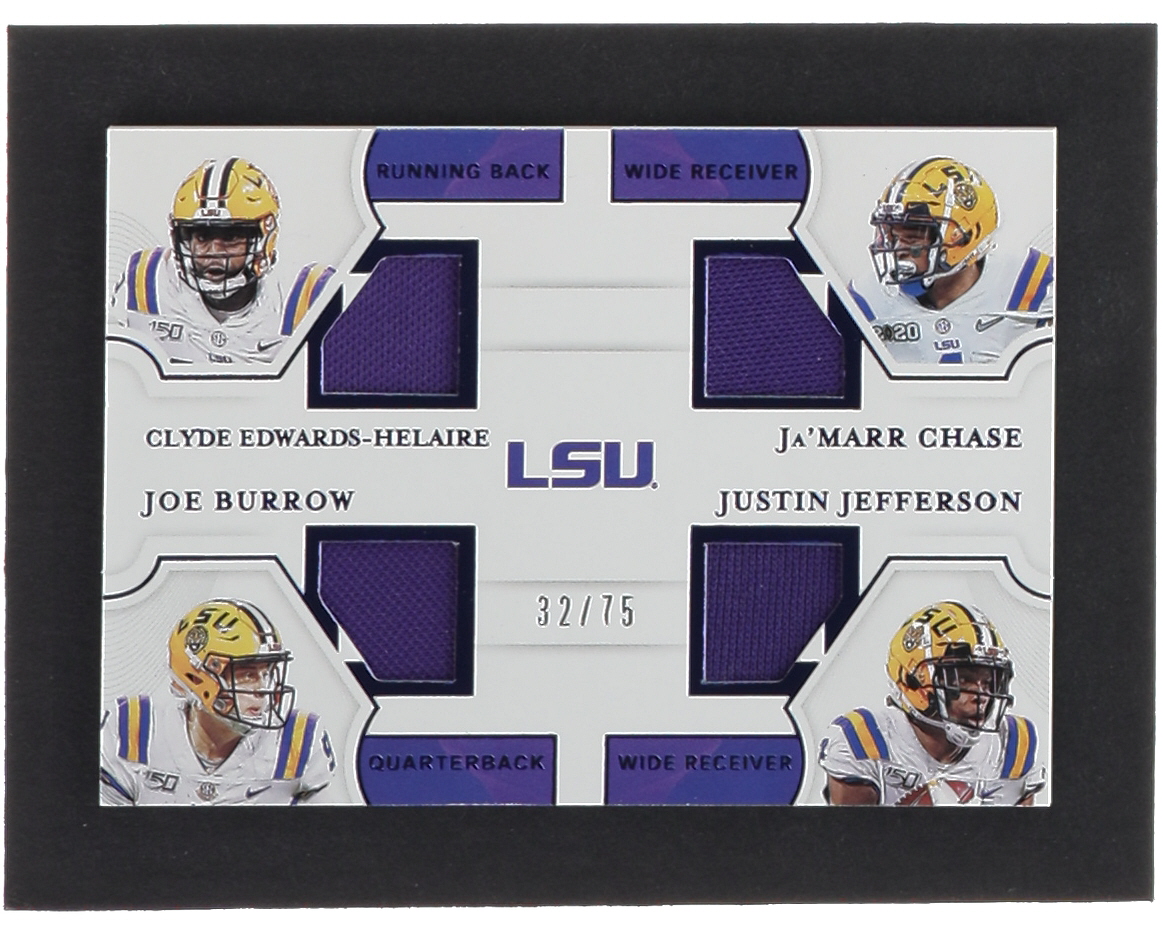 Clyde Edwards-Helaire / Ja'Marr Chase / Justin Jefferson / Joe Burrow 2021 Panini National Treasures Collegiate Team Quad Materials Blue #2 #32/75 at PristineAuction.com Clyde Edwards-Helaire / Ja'Marr Chase / Justin Jefferson / Joe Burrow 2021 Panini National Treasures Collegiate Team Quad Materials Blue #2 #32/75 at PristineAuction.com