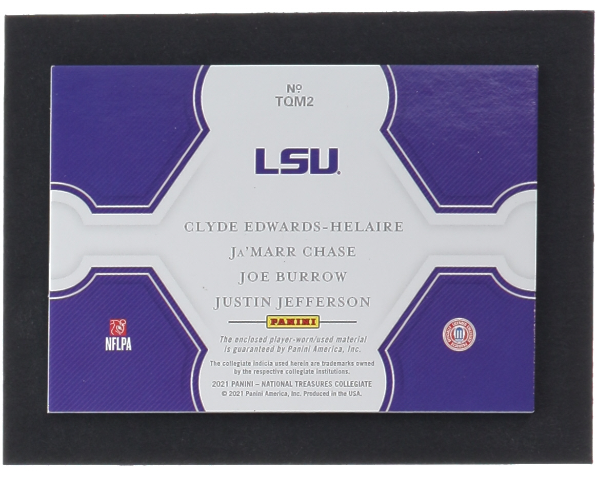 Clyde Edwards-Helaire / Ja'Marr Chase / Justin Jefferson / Joe Burrow 2021 Panini National Treasures Collegiate Team Quad Materials Blue #2 #32/75 at PristineAuction.com Clyde Edwards-Helaire / Ja'Marr Chase / Justin Jefferson / Joe Burrow 2021 Panini National Treasures Collegiate Team Quad Materials Blue #2 #32/75 at PristineAuction.com