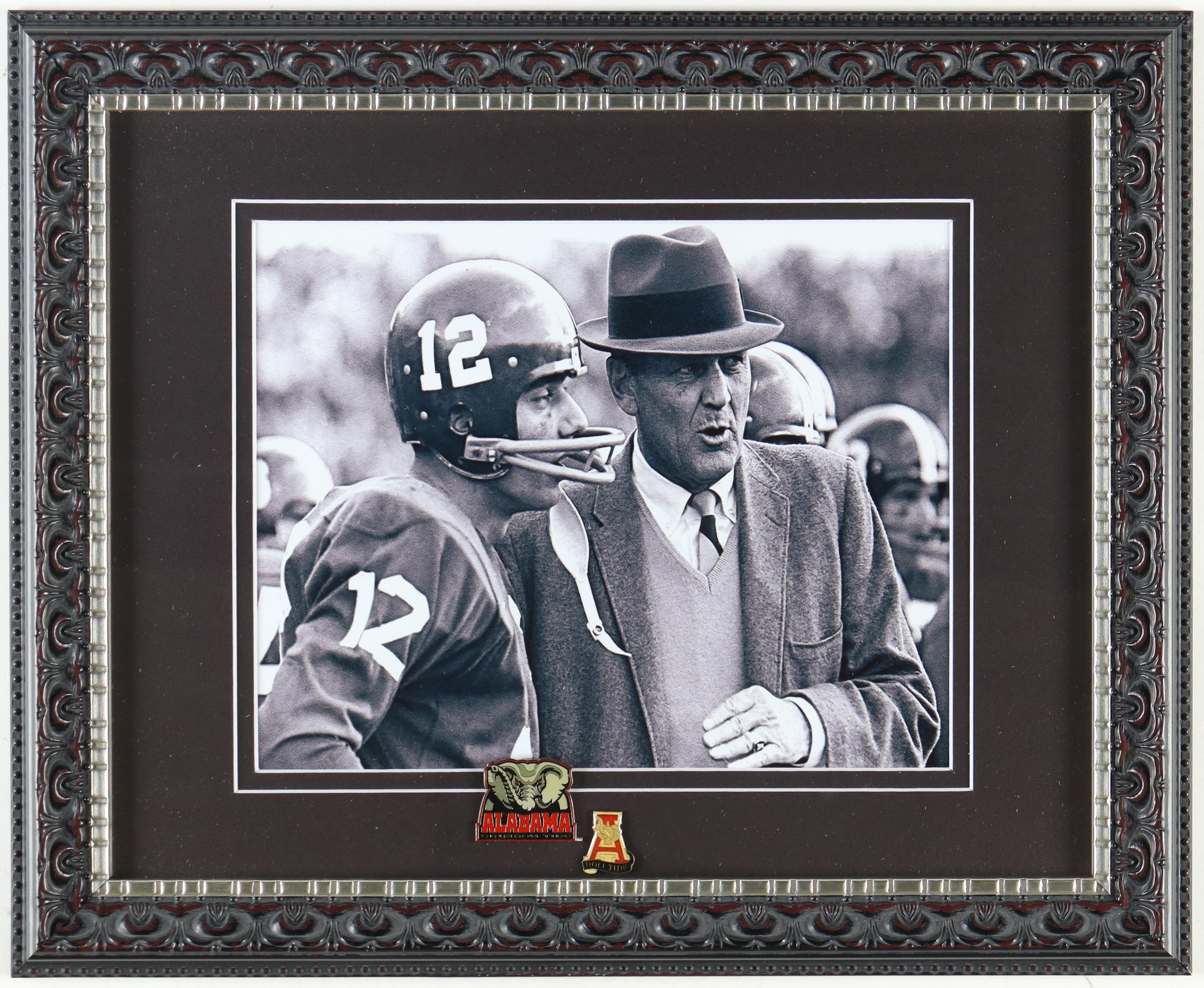 Joe Namath & Bear Bryant 13x16 Custom Framed Photo With (2) Alabama Crimson Tide Football Pins at PristineAuction.com Joe Namath & Bear Bryant 13x16 Custom Framed Photo With (2) Alabama Crimson Tide Football Pins at PristineAuction.com
