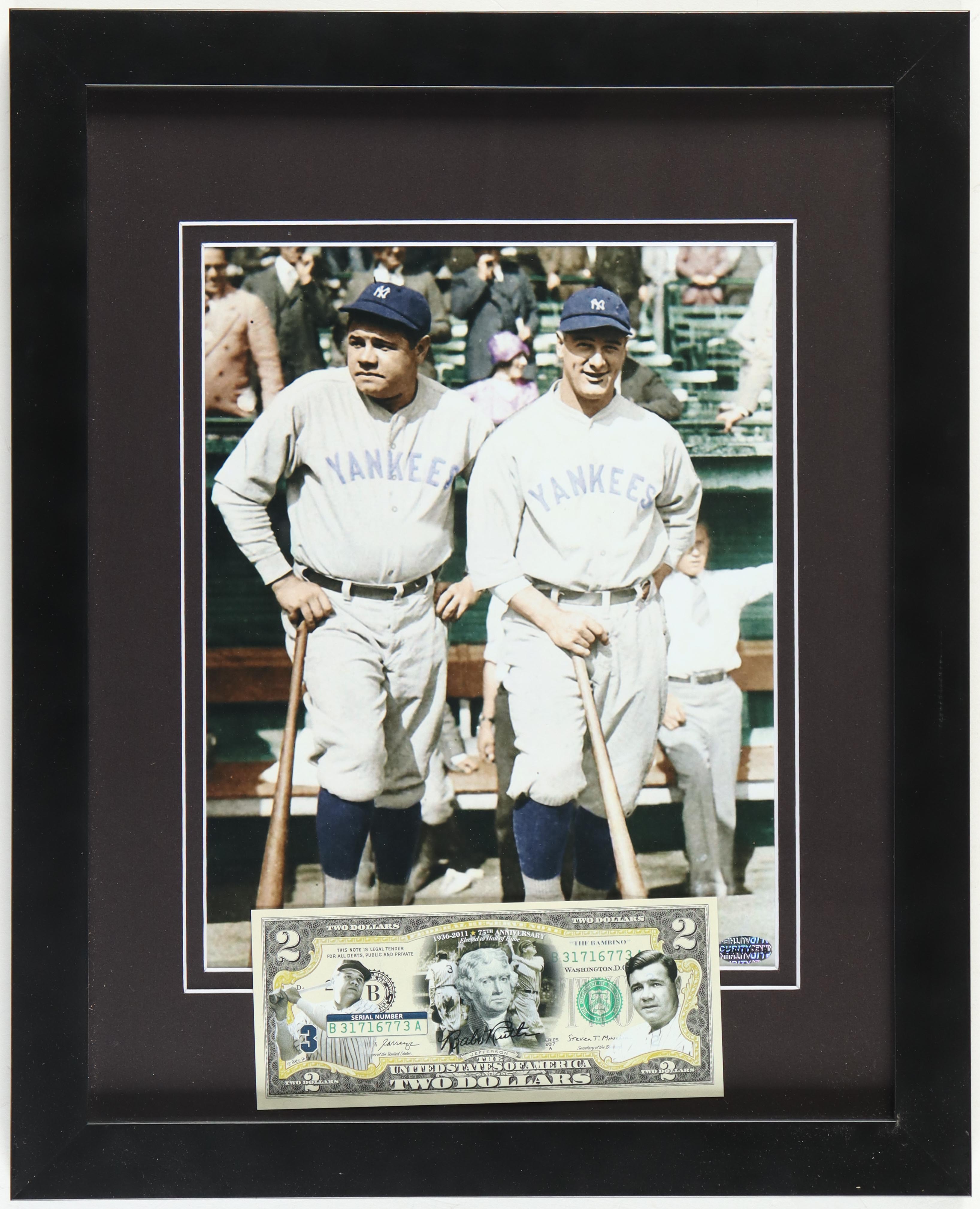 Babe Ruth & Lou Gehrig Yankees Custom Framed Colorized Art Print Display with Colorized US $2 Bill at PristineAuction.com Babe Ruth & Lou Gehrig Yankees Custom Framed Colorized Art Print Display with Colorized US $2 Bill at PristineAuction.com