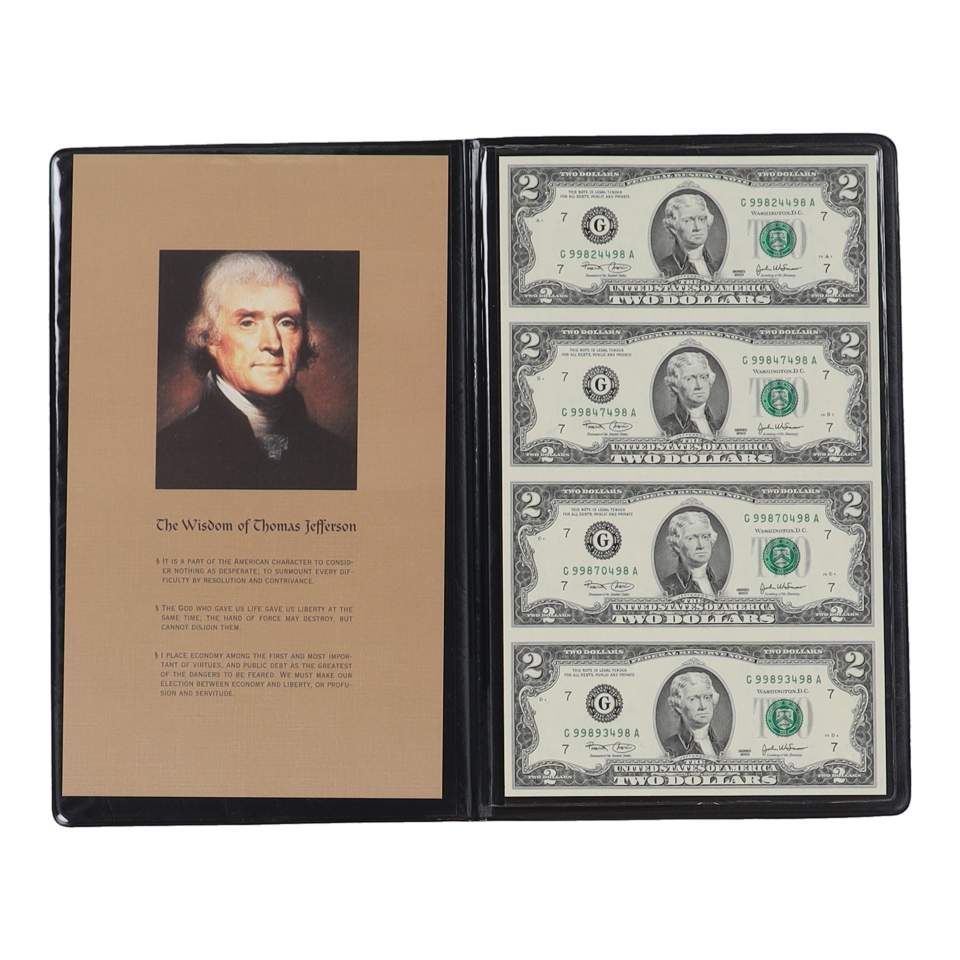 Set of (4) Uncut 2003 $2 Two-Dollar U.S. Bills Sheet with Presentation Folder at PristineAuction.com Set of (4) Uncut 2003 $2 Two-Dollar U.S. Bills Sheet with Presentation Folder at PristineAuction.com