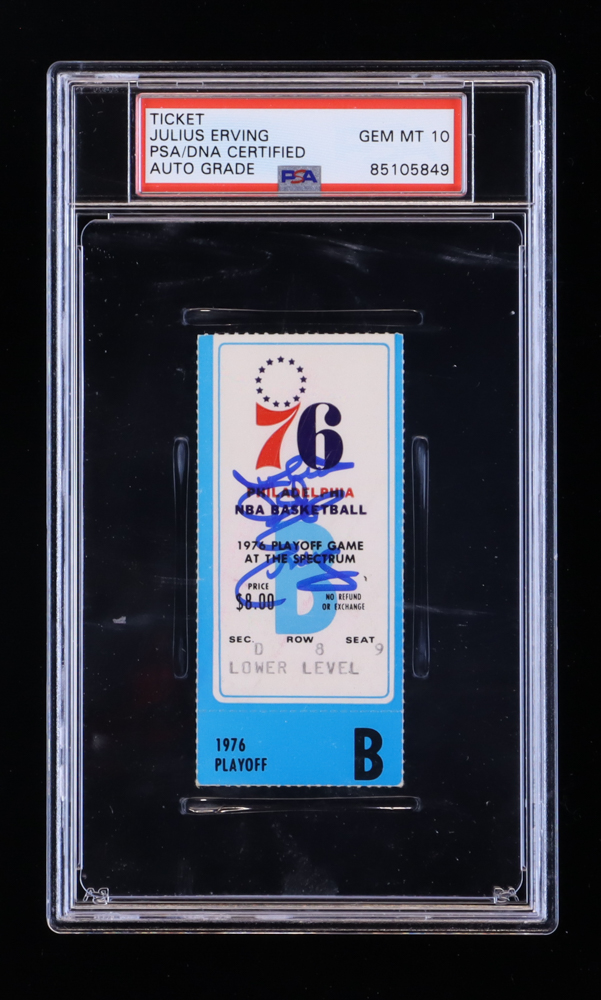 Julius "Dr. J" Erving Signed 1976 NBA Playoffs Full Ticket (PSA | Auto Grade 10) at PristineAuction.com Julius "Dr. J" Erving Signed 1976 NBA Playoffs Full Ticket (PSA | Auto Grade 10) at PristineAuction.com