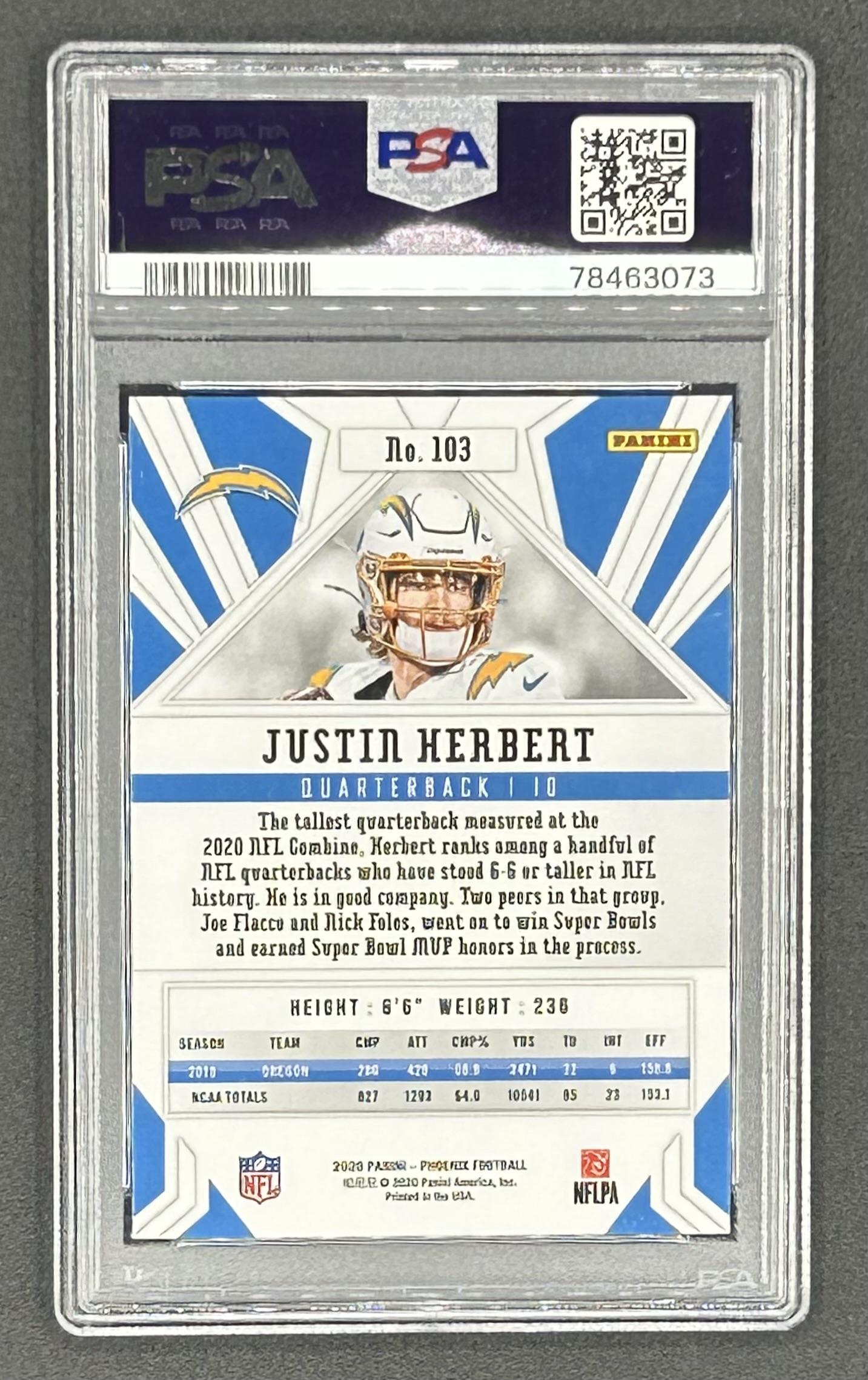 Justin Herbert 2020 Panini Phoenix Fire Burst #103 RC (PSA 10) at PristineAuction.com Justin Herbert 2020 Panini Phoenix Fire Burst #103 RC (PSA 10) at PristineAuction.com