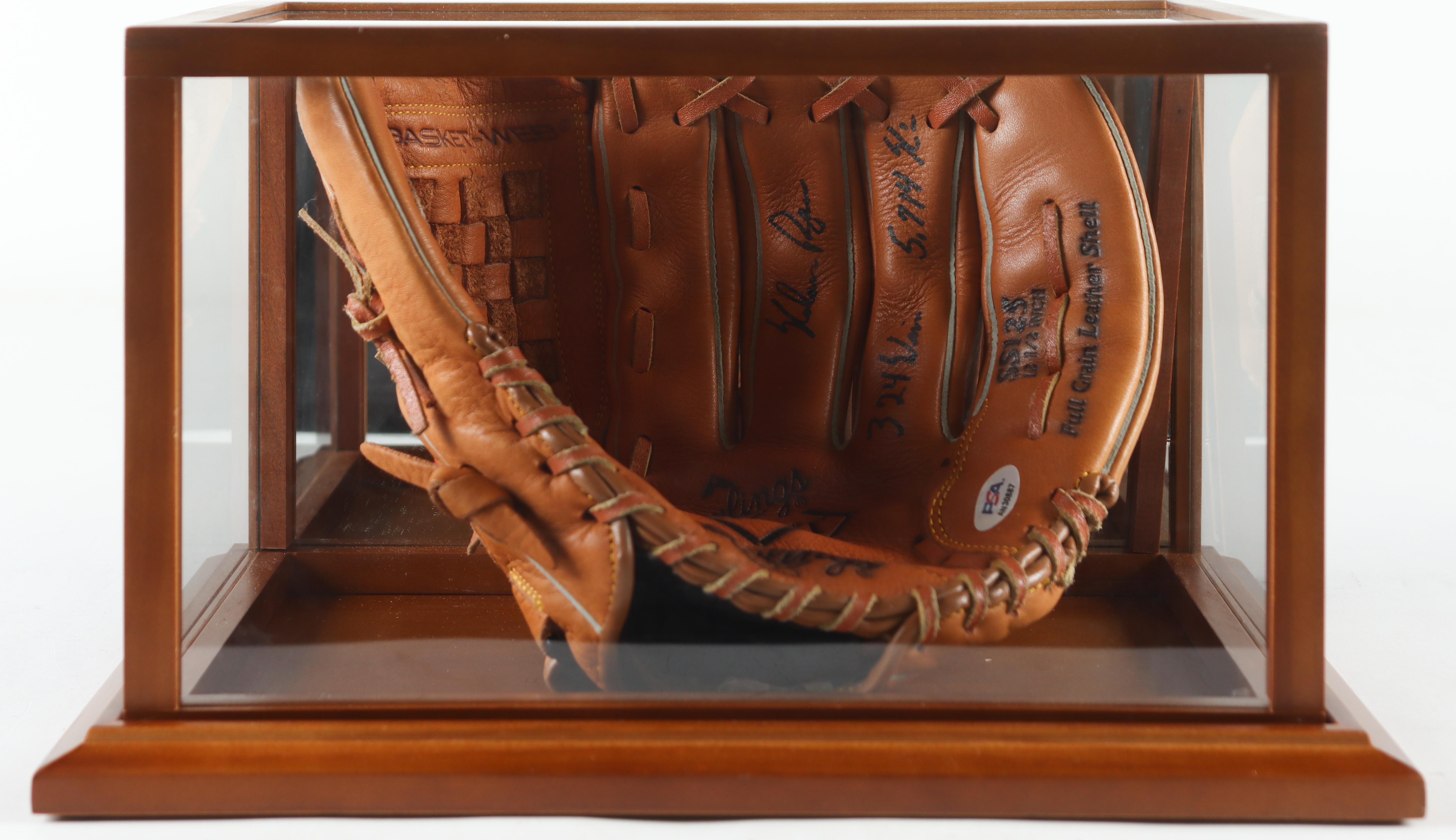 Nolan Ryan Signed Rawlings Baseball Glove With Wood Display Case Inscribed "324 Wins", "5,714 K's" (PSA) at PristineAuction.com Nolan Ryan Signed Rawlings Baseball Glove With Wood Display Case Inscribed "324 Wins", "5,714 K's" (PSA) at PristineAuction.com