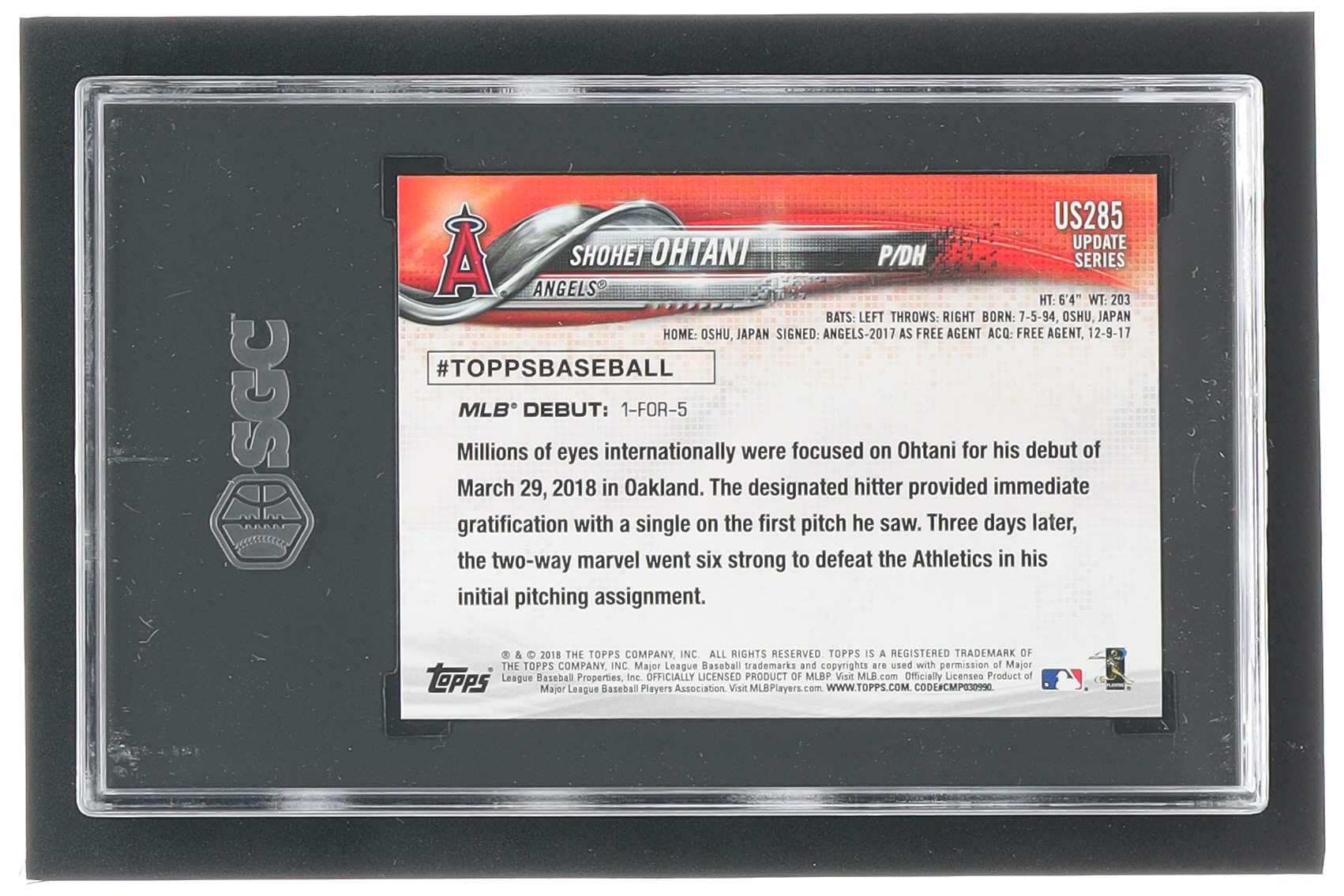 Shohei Ohtani 2018 Topps Update #US285 RD RC (SGC 10) at PristineAuction.com Shohei Ohtani 2018 Topps Update #US285 RD RC (SGC 10) at PristineAuction.com