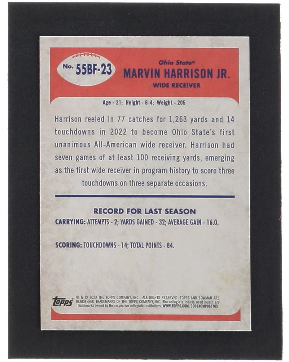Marvin Harrison Jr. 2023 Bowman Chrome University '55 Bowman #55BF23 RC at PristineAuction.com Marvin Harrison Jr. 2023 Bowman Chrome University '55 Bowman #55BF23 RC at PristineAuction.com